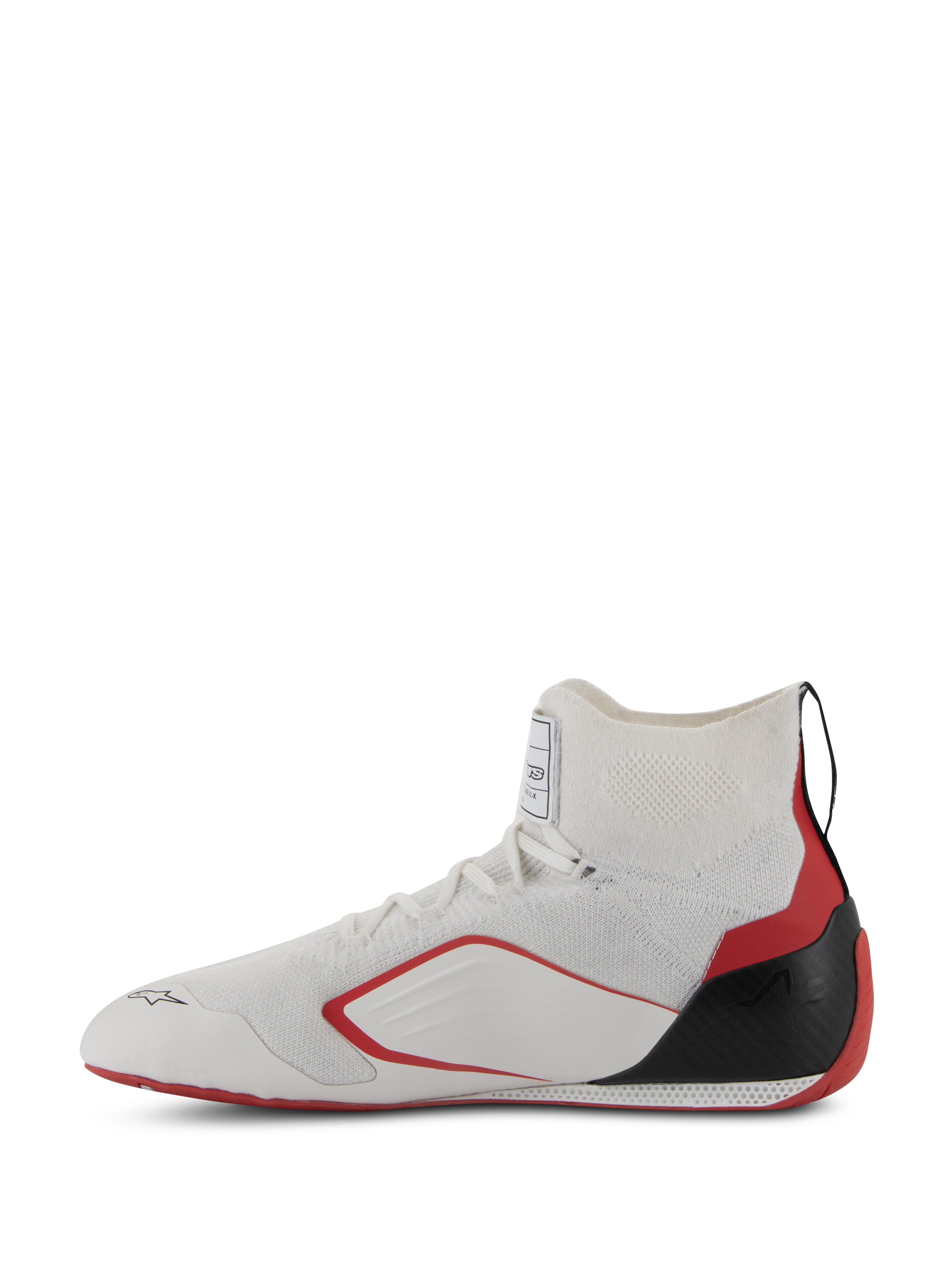 Scarpe Alpinestars Supertech - FIA/SFI, scarpe da corsa auto, bianco, rosso e nero, vista di profilo che mostra la tomaia in maglia, accenti laterali rossi e coppa del tallone in fibra di carbonio nera