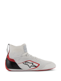 Alpinestars Supertech Shoes, calzature da auto racing certificate FIA/SFI, bianche con accenti rossi e neri, tomaia in maglia, tallone in fibra di carbonio e suola rossa, design high-top elegante per il motorsport professionale