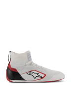 Alpinestars Supertech Shoes, calzature da auto racing certificate FIA/SFI, bianche con accenti rossi e neri, tomaia in maglia, tallone in fibra di carbonio e suola rossa, design high-top elegante per il motorsport professionale