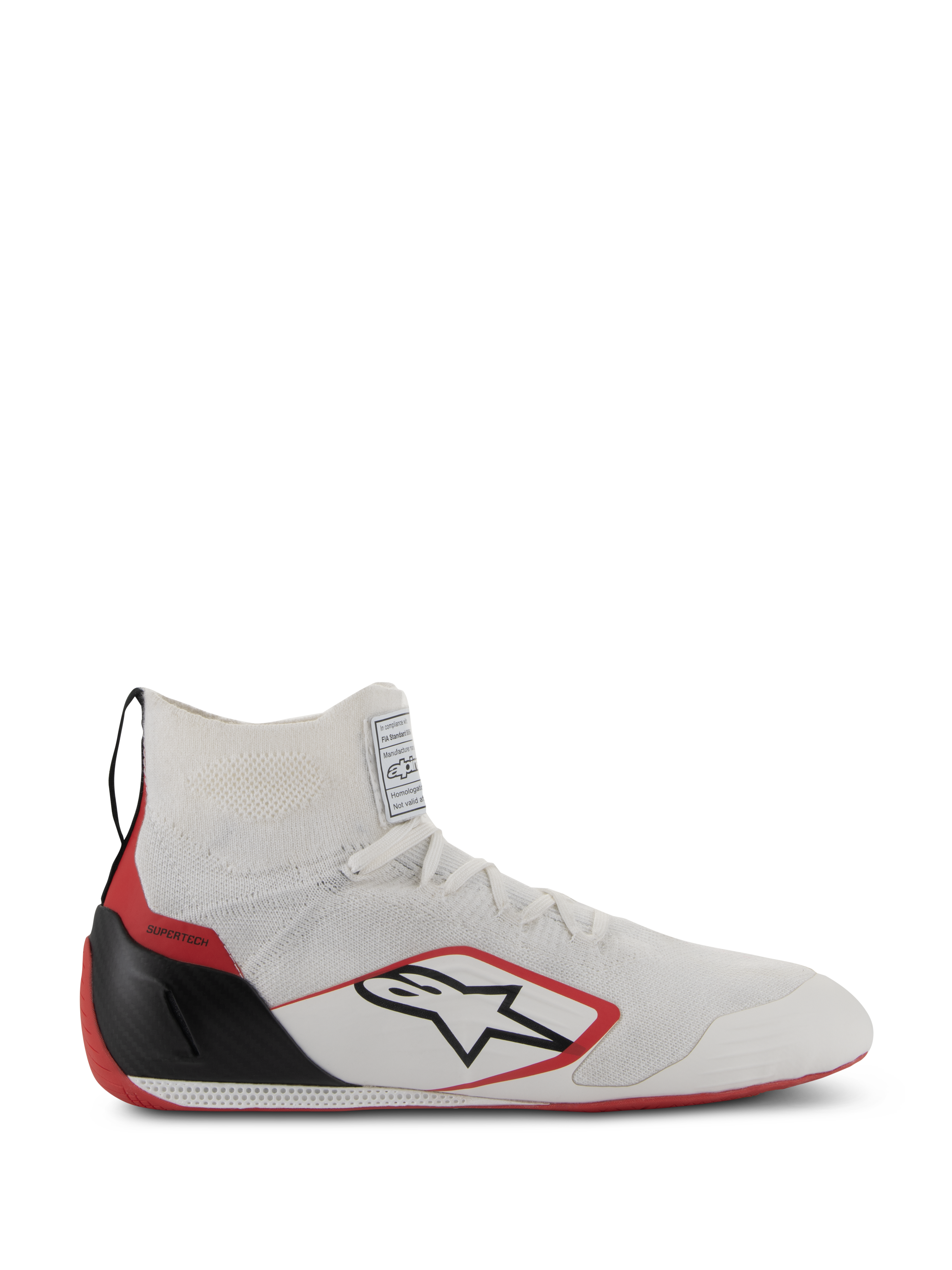 Alpinestars Supertech Shoes, calzature da auto racing certificate FIA/SFI, bianche con accenti rossi e neri, tomaia in maglia, tallone in fibra di carbonio e suola rossa, design high-top elegante per il motorsport professionale