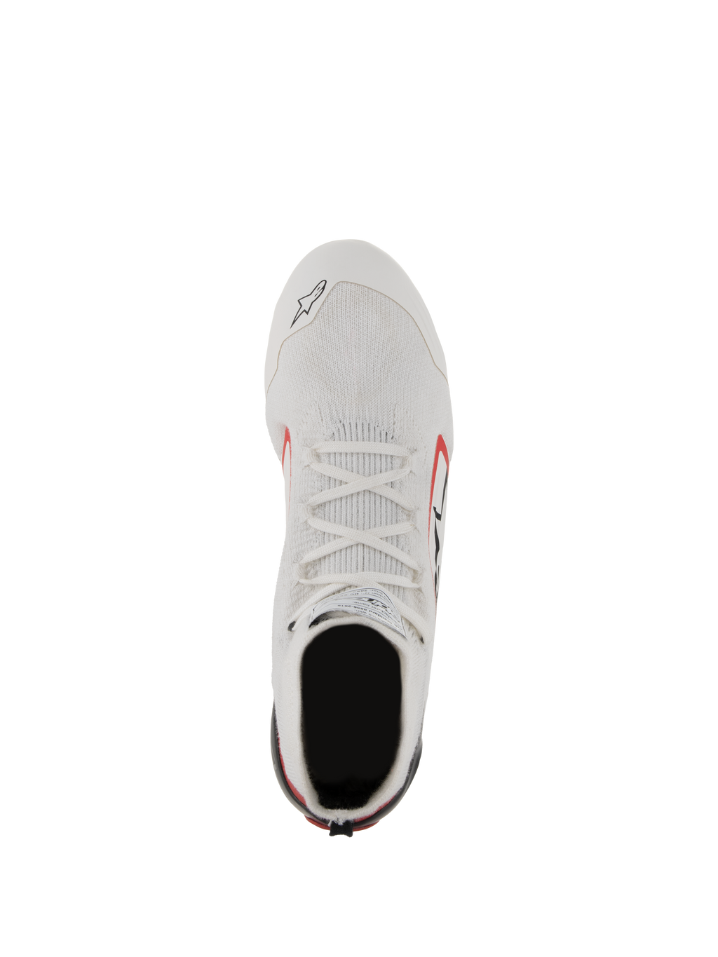 Scarpe Alpinestars Supertech, scarpe da auto racing, bianco, rosso e nero, vista dall'alto che mostra la tomaia in maglia di fibra aramidica, lacci bianchi e bloccaggio del tallone in fibra di carbonio, calzature professionali per motorsport