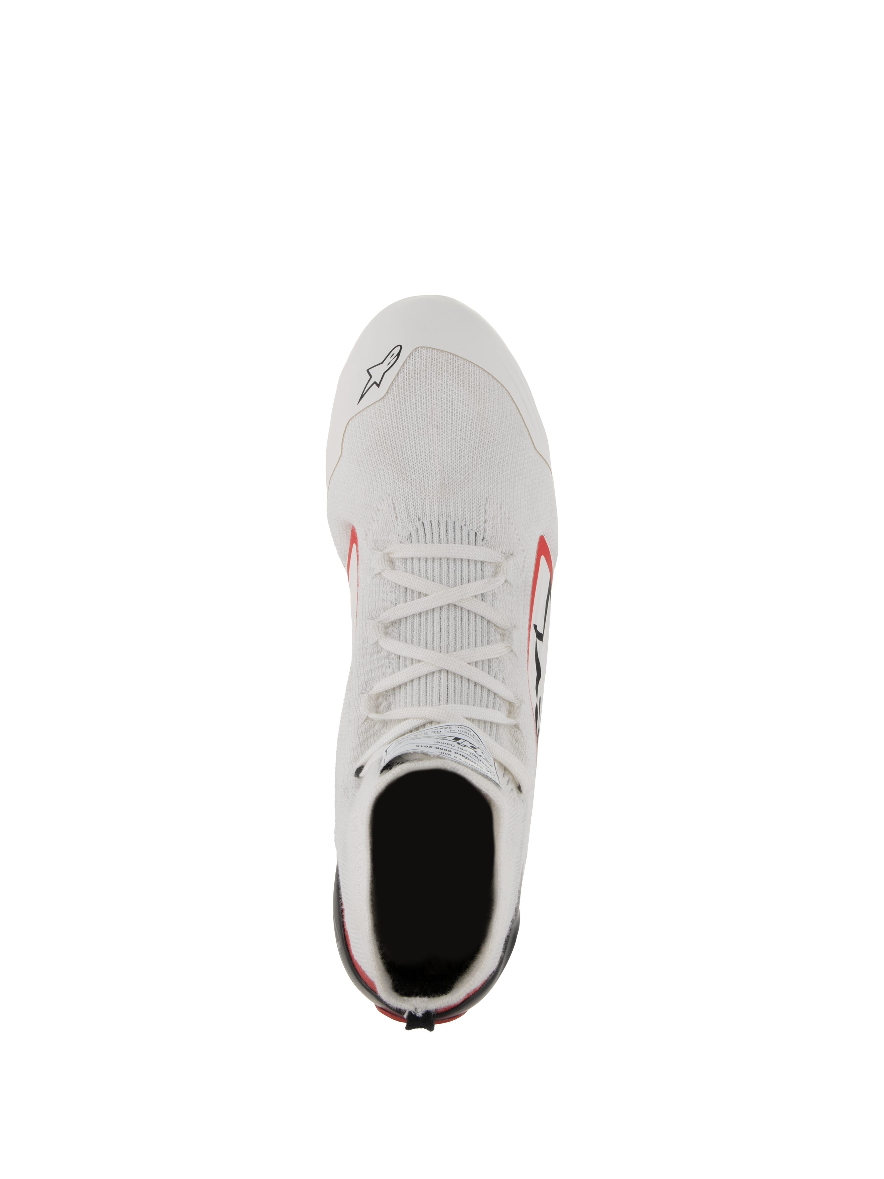 Scarpe Alpinestars Supertech, scarpe da auto racing, bianco, rosso e nero, vista dall'alto che mostra la tomaia in maglia di fibra aramidica, lacci bianchi e bloccaggio del tallone in fibra di carbonio, calzature professionali per motorsport