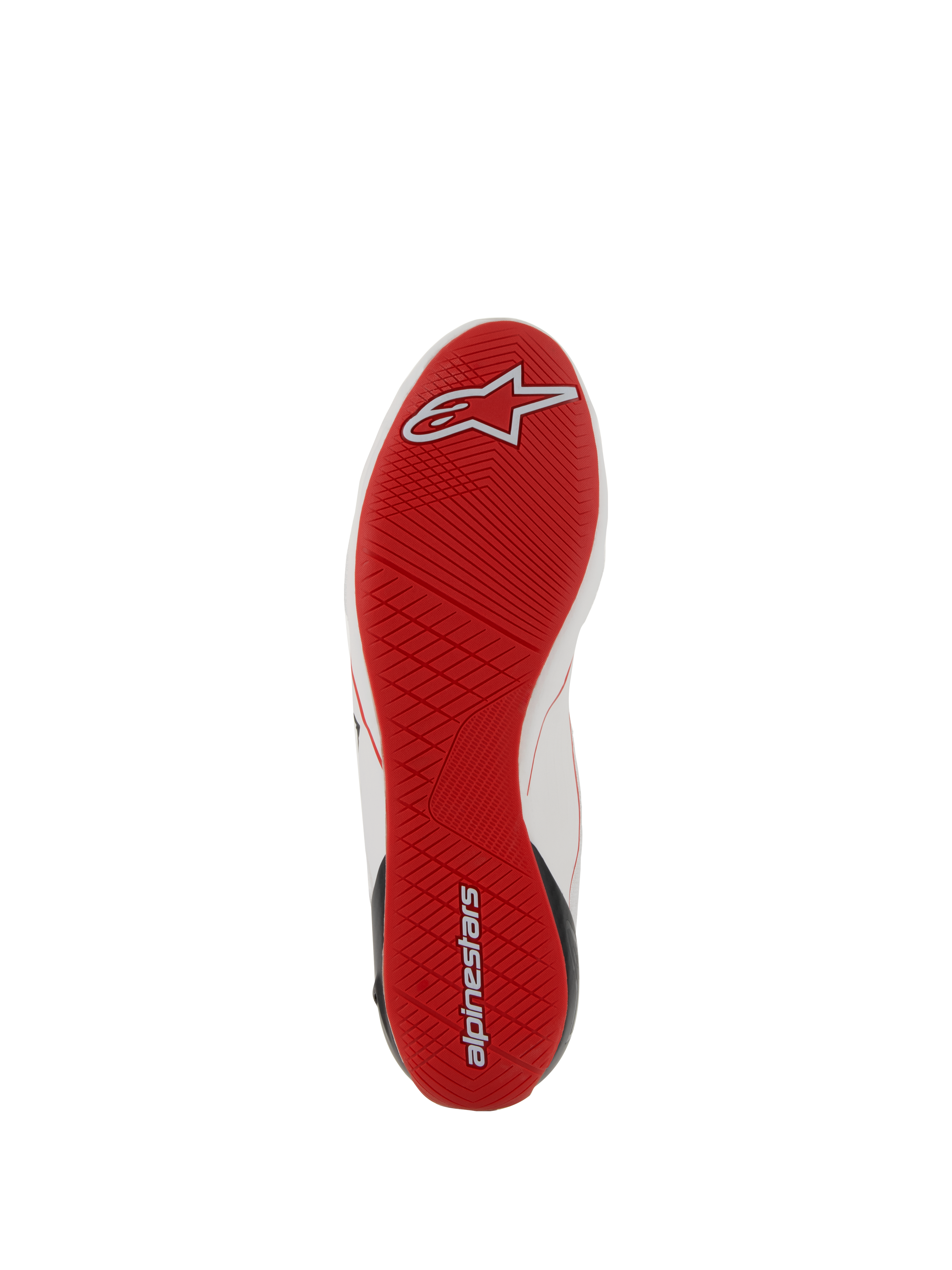 Scarpe Alpinestars Supertech, calzature per corse automobilistiche, vista della suola rossa, suola in gomma ultra-sottile con battistrada asimmetrico, dettagli del logo in bianco e rosso, calzature da corsa professionali per un'ottima sensibilità sui pedali.