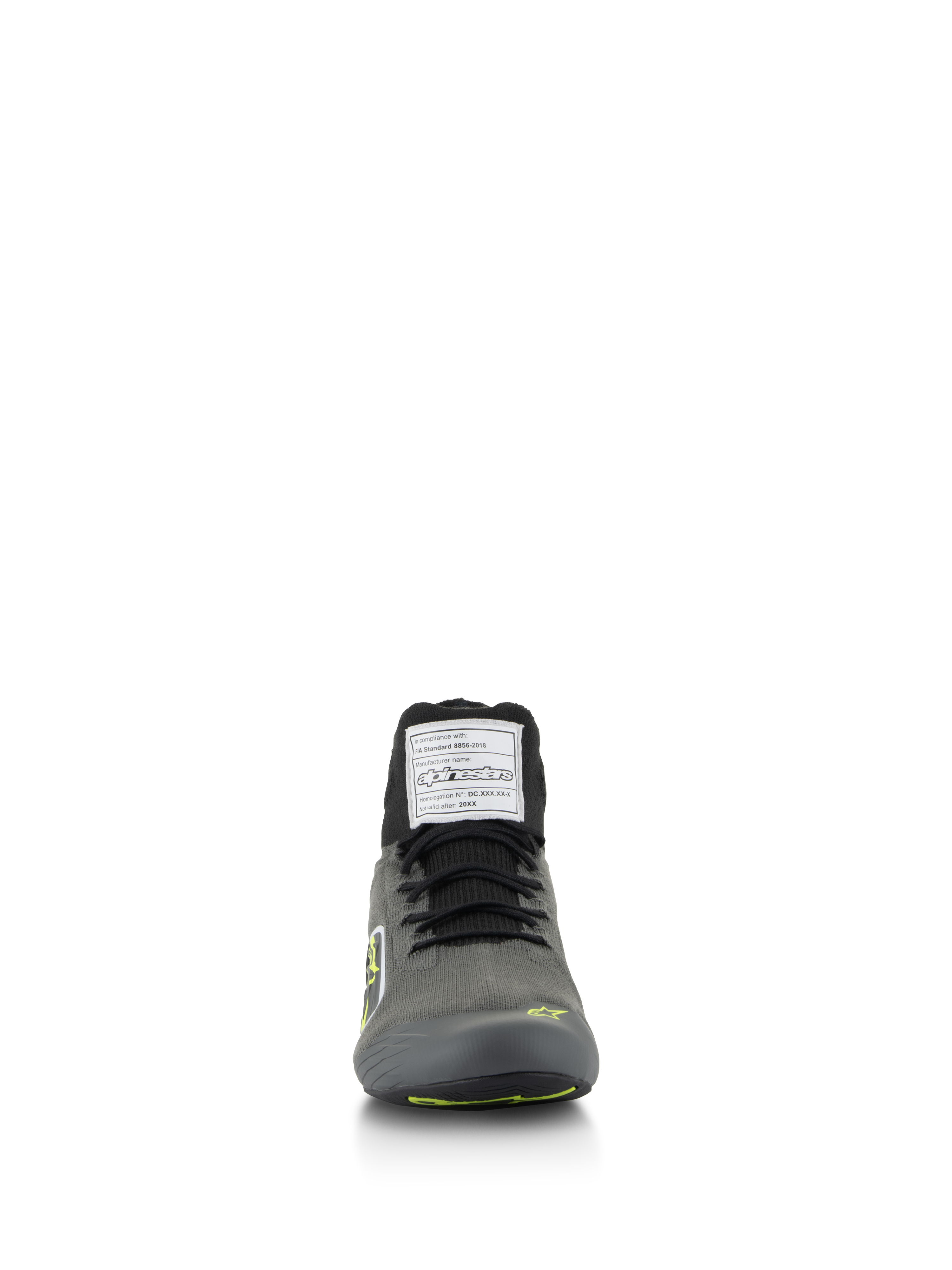 Scarpe Alpinestars Supertech, scarpe da corsa per auto, grigio con nero e giallo fluo, vista frontale con tomaia in maglia ed etichetta di certificazione FIA sulla linguetta