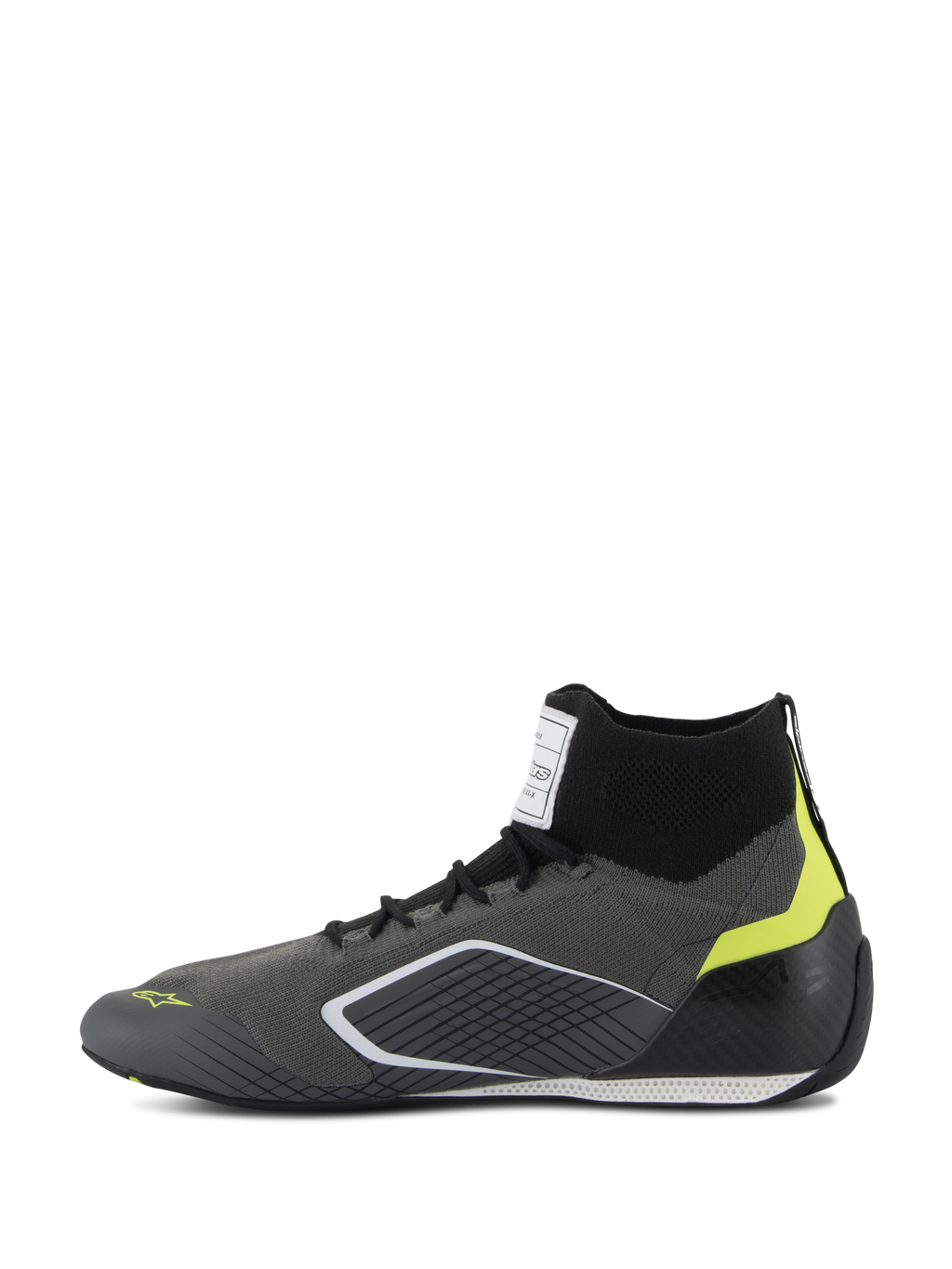 Alpinestars Supertech Shoes - FIA/SFI, scarpe da auto racing, grigio e nero con accenti giallo fluo, vista laterale, tomaia in maglia aramidica e coppa del tallone in fibra di carbonio, calzature professionali per motorsport