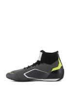 Alpinestars Supertech Shoes - FIA/SFI, scarpe da auto racing, grigio e nero con accenti giallo fluo, vista laterale, tomaia in maglia aramidica e coppa del tallone in fibra di carbonio, calzature professionali per motorsport