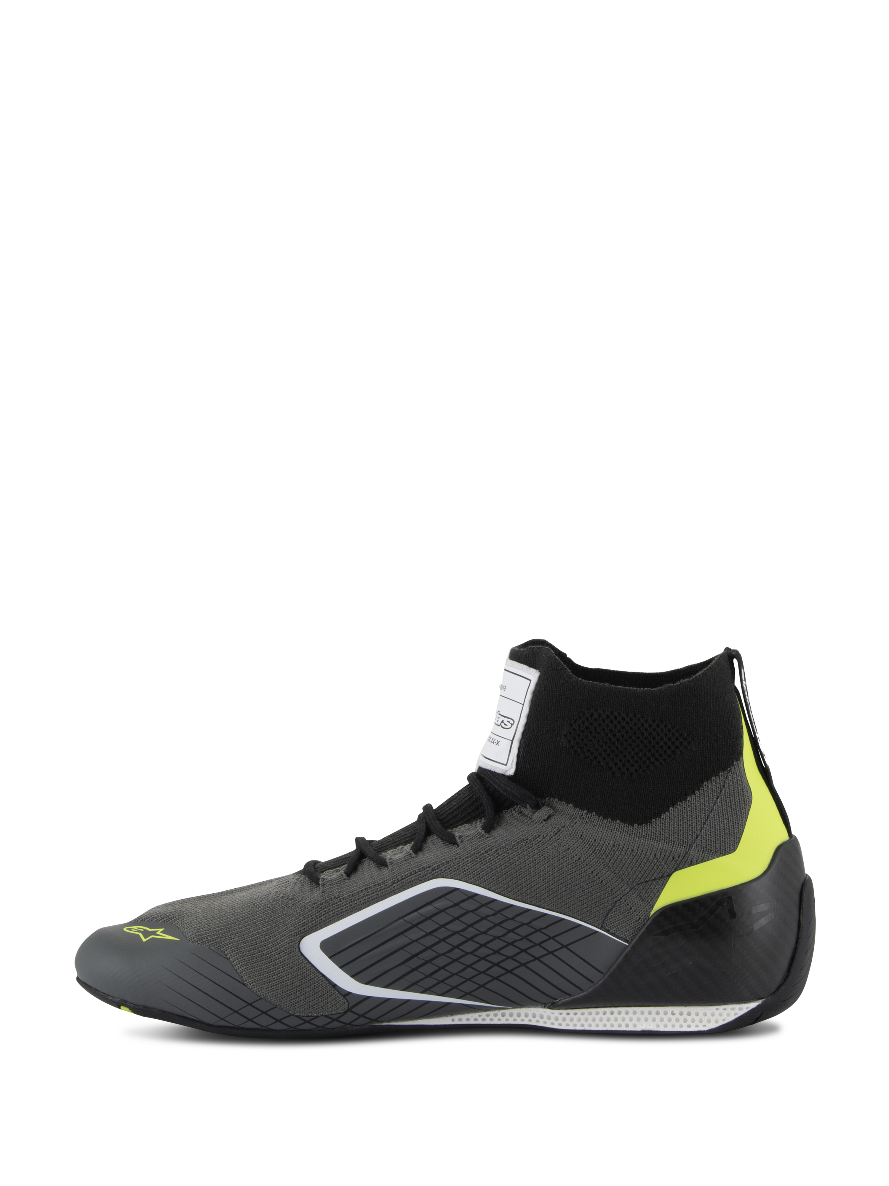 Alpinestars Supertech Shoes - FIA/SFI, scarpe da auto racing, grigio e nero con accenti giallo fluo, vista laterale, tomaia in maglia aramidica e coppa del tallone in fibra di carbonio, calzature professionali per motorsport