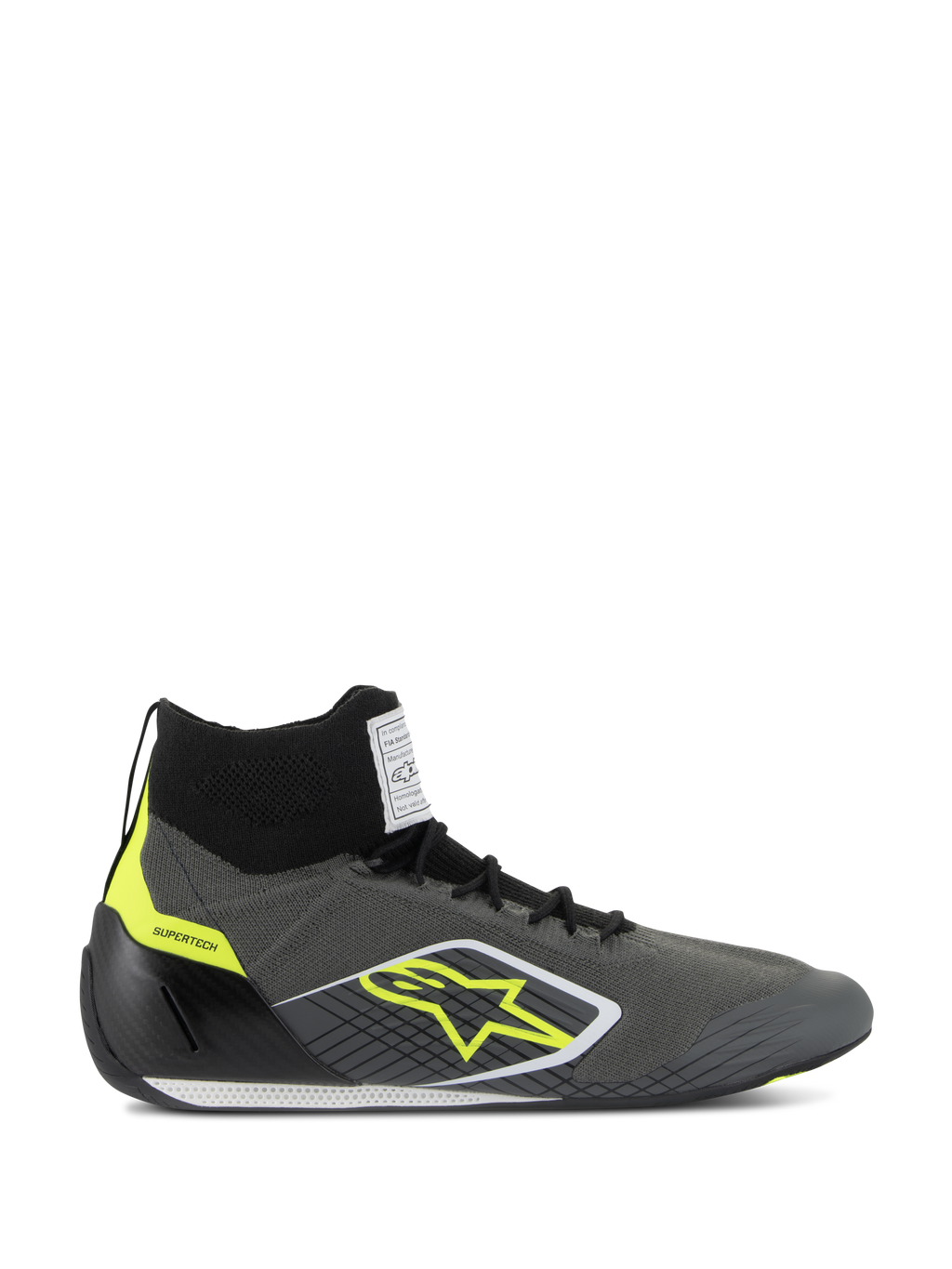 Alpinestars Supertech Shoes FIA/SFI, scarpe da corsa professionali high-top, grigio freddo e nero con accenti giallo fluo, con tomaia in maglia aramidica, talloniera in fibra di carbonio, logo a stella giallo e suola sottile bianca e nera, calzature certificate per il motorsport