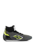 Alpinestars Supertech Shoes FIA/SFI, scarpe da corsa professionali high-top, grigio freddo e nero con accenti giallo fluo, con tomaia in maglia aramidica, talloniera in fibra di carbonio, logo a stella giallo e suola sottile bianca e nera, calzature certificate per il motorsport