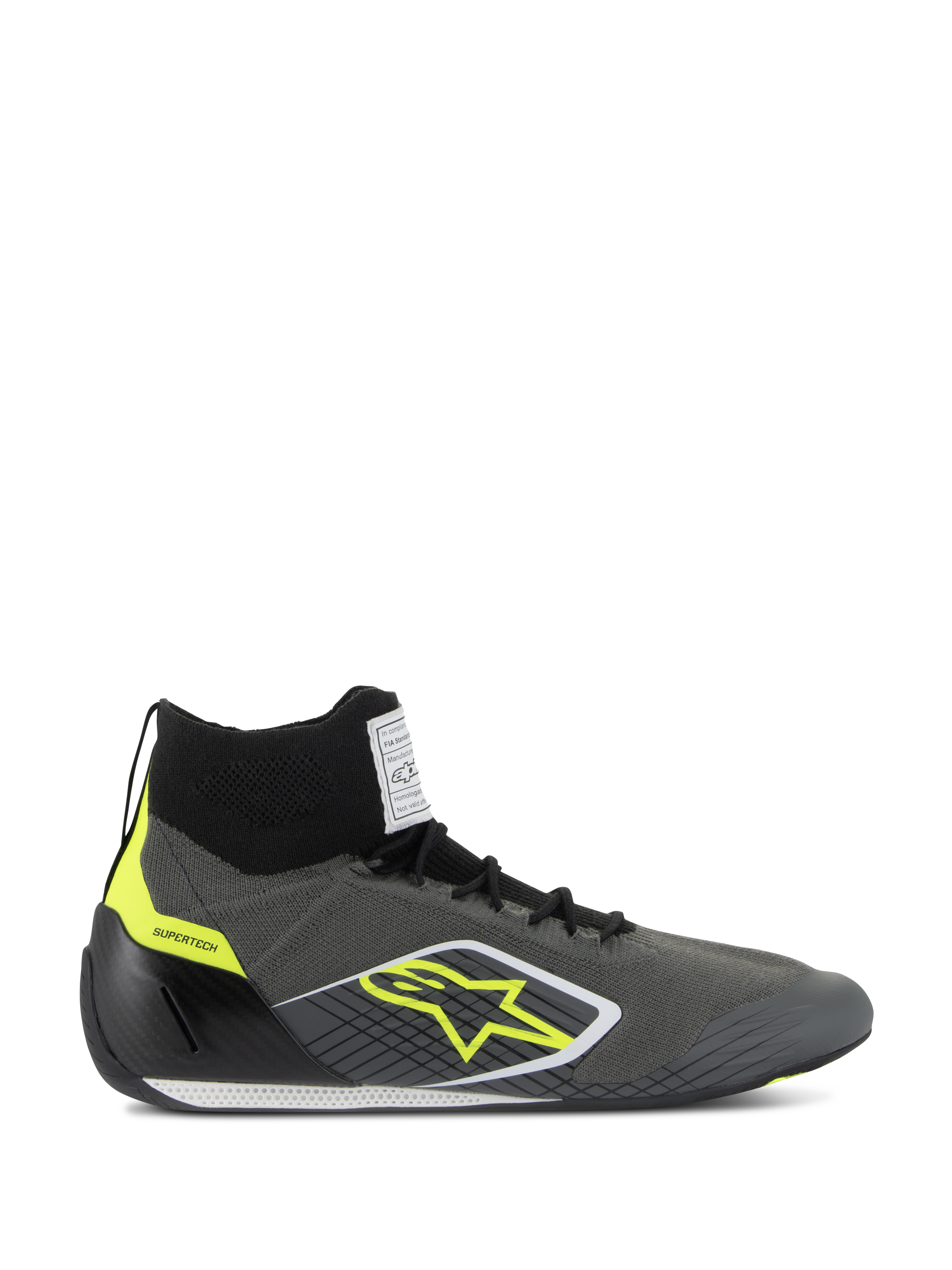 Alpinestars Supertech Shoes FIA/SFI, scarpe da corsa professionali high-top, grigio freddo e nero con accenti giallo fluo, con tomaia in maglia aramidica, talloniera in fibra di carbonio, logo a stella giallo e suola sottile bianca e nera, calzature certificate per il motorsport