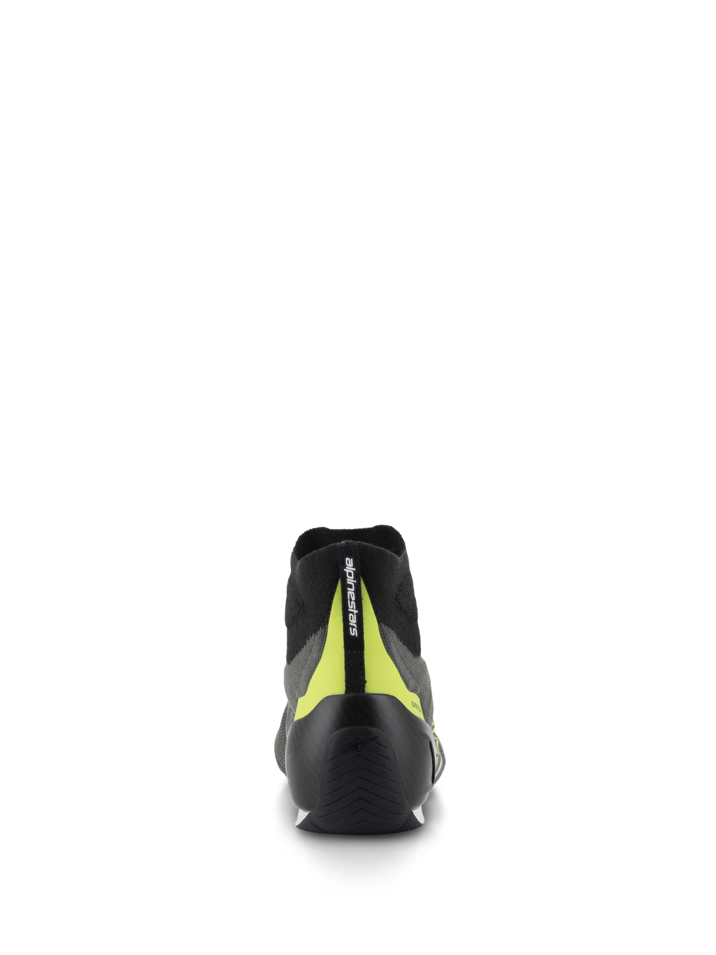 Scarpe Alpinestars Supertech, calzature per corse automobilistiche, grigio e nero, vista posteriore con tallone in carbonio nero e striscia verticale giallo fluo con marchio, design professionale per motorsport