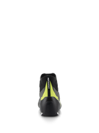 Scarpe Alpinestars Supertech, calzature per corse automobilistiche, grigio e nero, vista posteriore con tallone in carbonio nero e striscia verticale giallo fluo con marchio, design professionale per motorsport