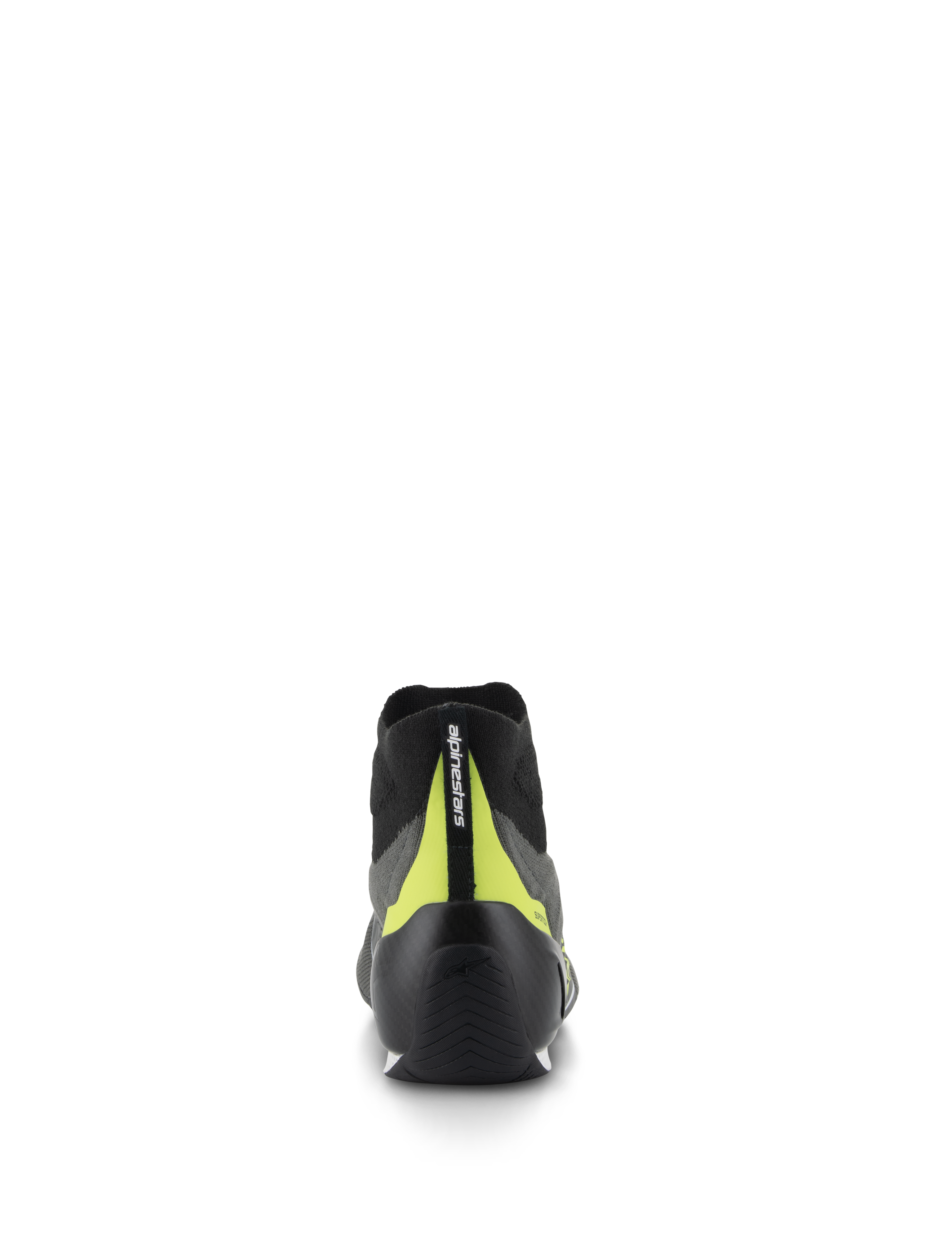 Scarpe Alpinestars Supertech, calzature per corse automobilistiche, grigio e nero, vista posteriore con tallone in carbonio nero e striscia verticale giallo fluo con marchio, design professionale per motorsport
