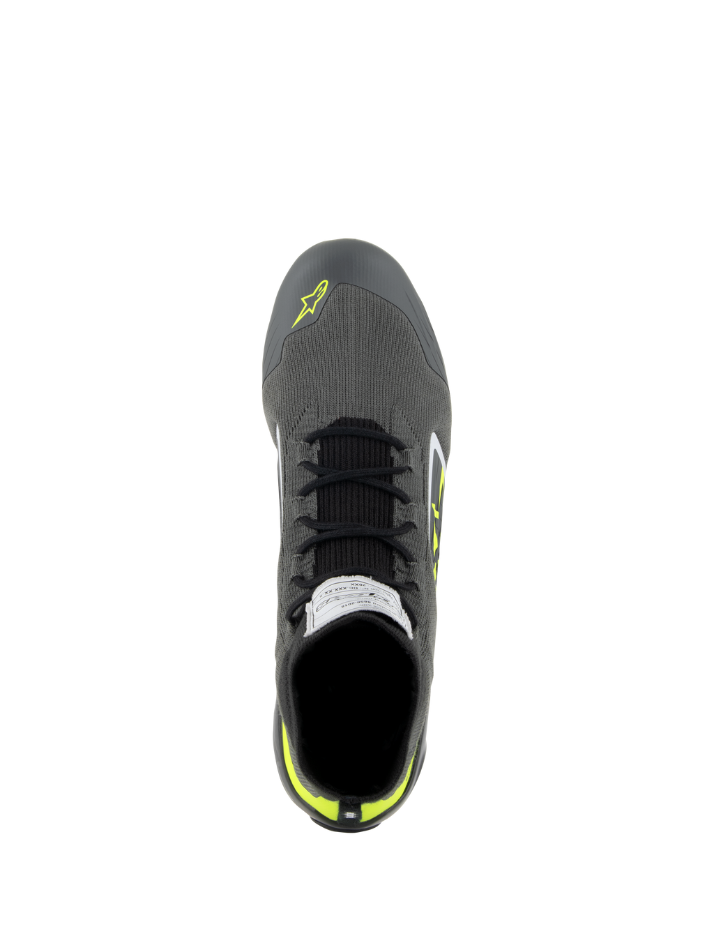 Scarpe Alpinestars Supertech, scarpe da corsa auto, Cool Gray, nero e giallo fluo, vista dall'alto che mostra la tomaia in maglia, lacci neri ed etichetta di certificazione FIA sulla linguetta, calzature professionali da guida