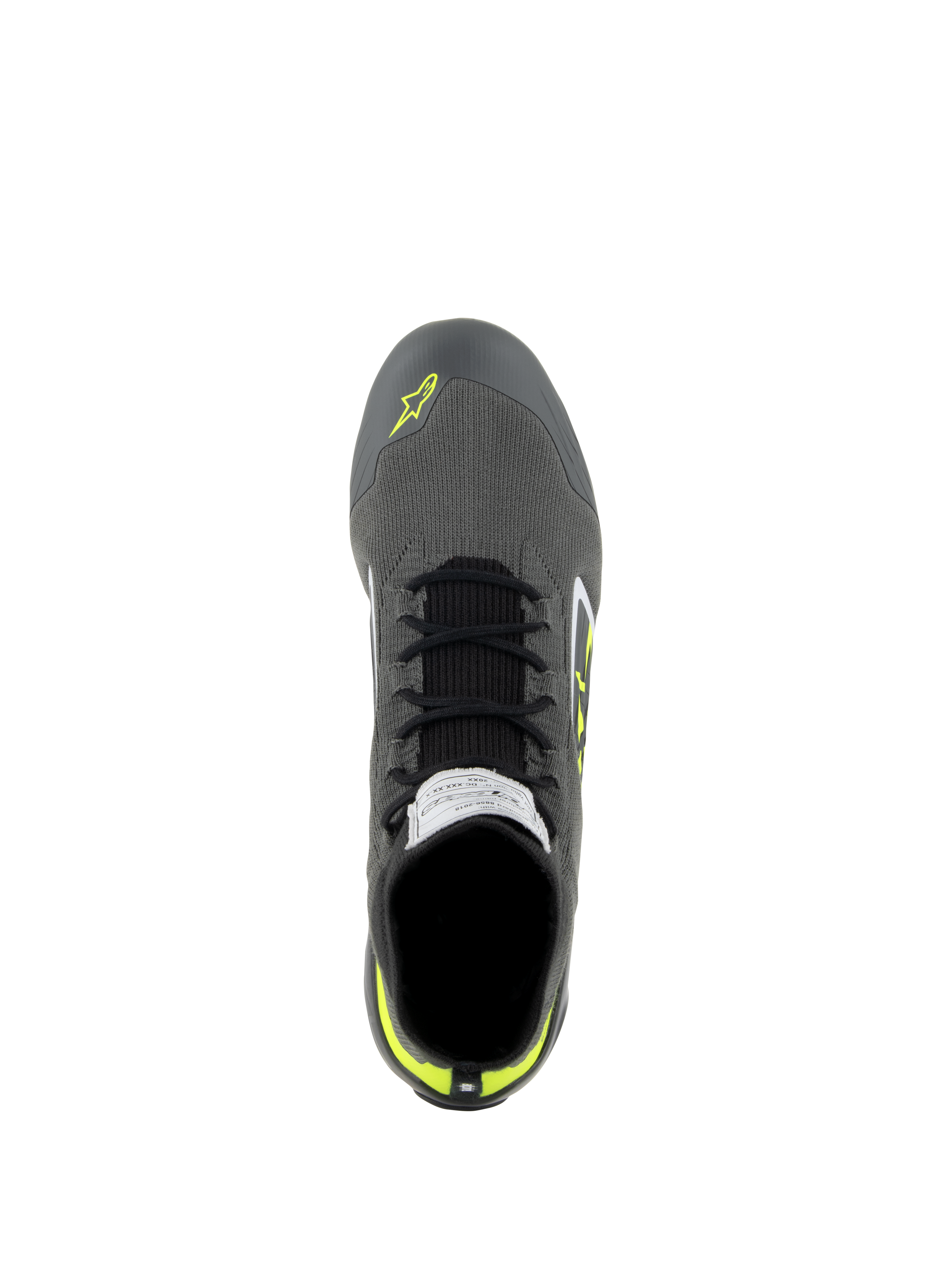 Scarpe Alpinestars Supertech, scarpe da corsa auto, Cool Gray, nero e giallo fluo, vista dall'alto che mostra la tomaia in maglia, lacci neri ed etichetta di certificazione FIA sulla linguetta, calzature professionali da guida