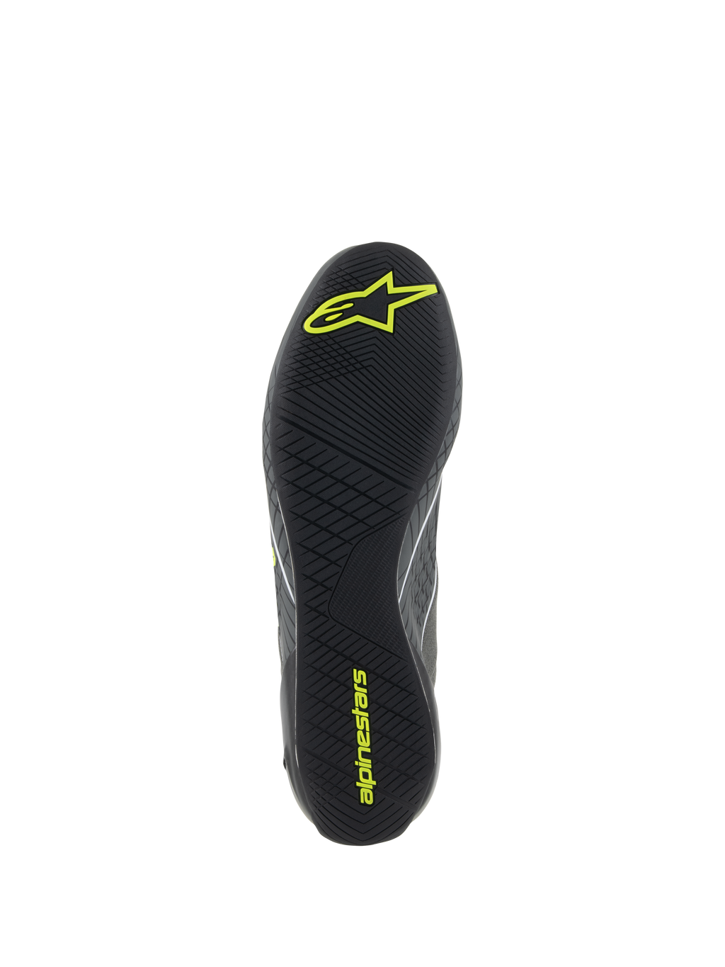 Scarpe Alpinestars Supertech, calzature per corse automobilistiche, Cool Gray e Giallo Fluo, vista dettagliata della suola in gomma nera con battistrada asimmetrico testurizzato e loghi Alpinestars gialli per grip e sensibilità sui pedali.