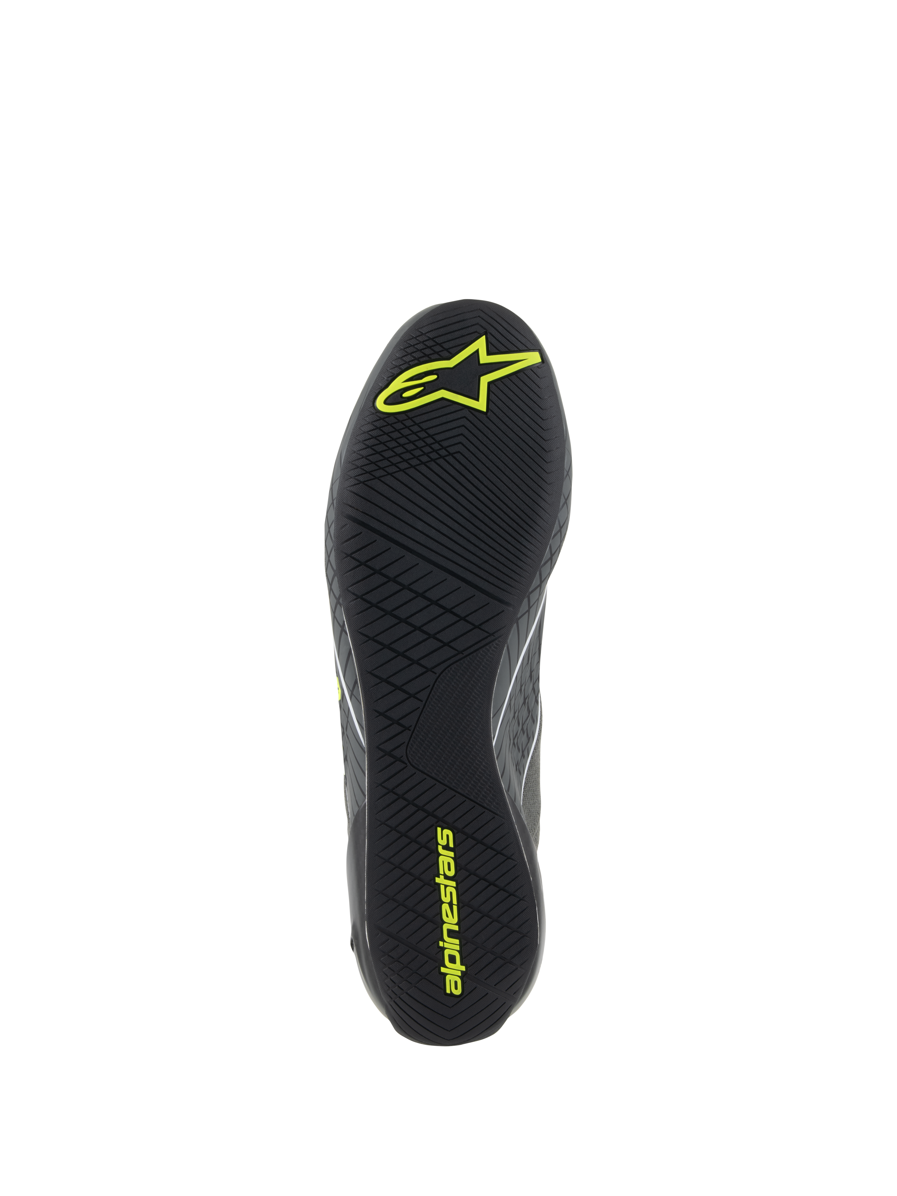 Scarpe Alpinestars Supertech, calzature per corse automobilistiche, Cool Gray e Giallo Fluo, vista dettagliata della suola in gomma nera con battistrada asimmetrico testurizzato e loghi Alpinestars gialli per grip e sensibilità sui pedali.