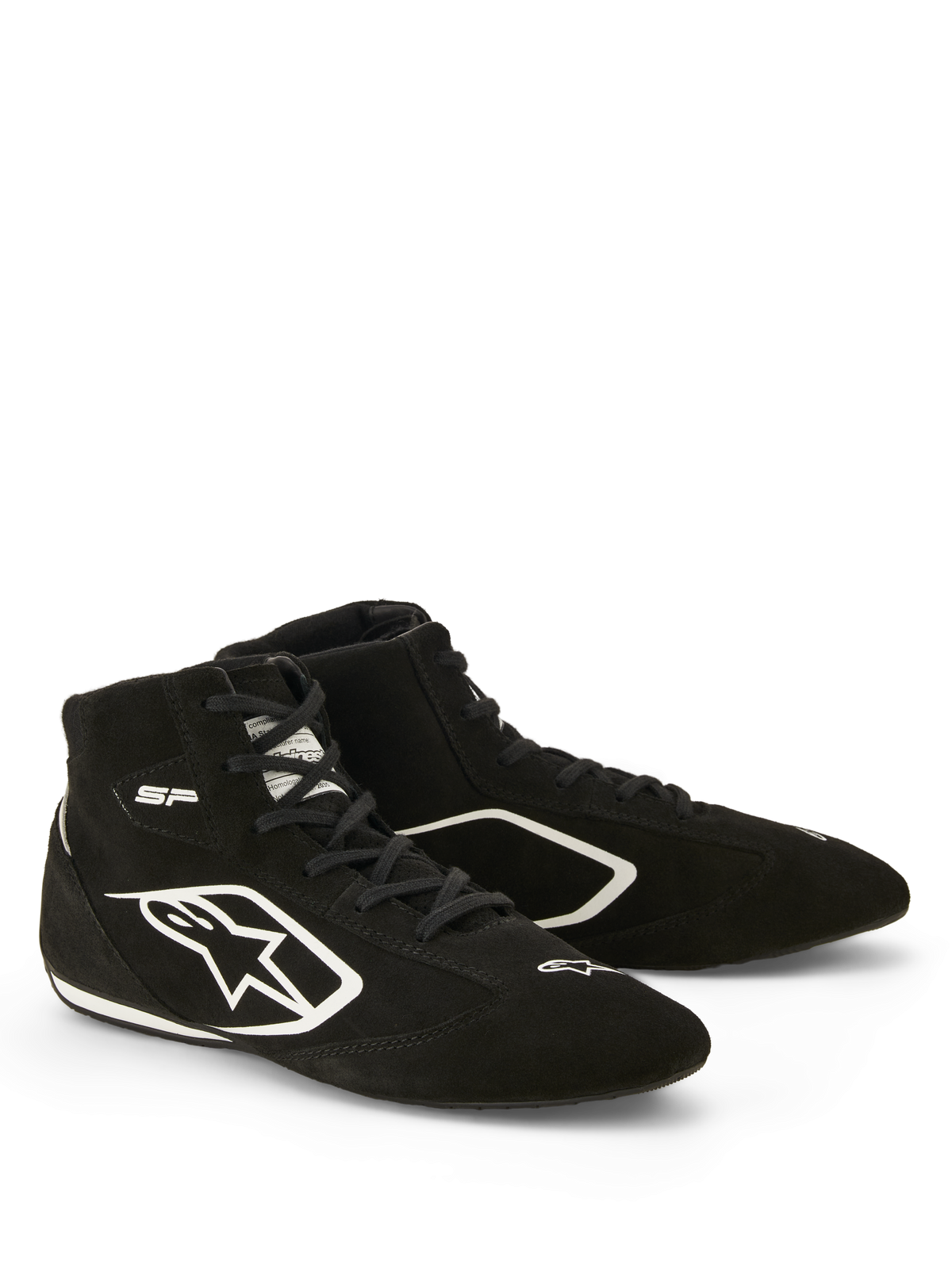 Scarpe Alpinestars SP V3 FIA, scarpe da auto racing, nero e bianco, costruzione in pelle scamosciata premium, con logo Astars bianco sul lato e suola sottile specifica per le corse per una migliore sensazione del pedale