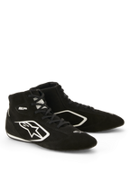 Scarpe Alpinestars SP V3 FIA, scarpe da auto racing, nero e bianco, costruzione in pelle scamosciata premium, con logo Astars bianco sul lato e suola sottile specifica per le corse per una migliore sensazione del pedale
