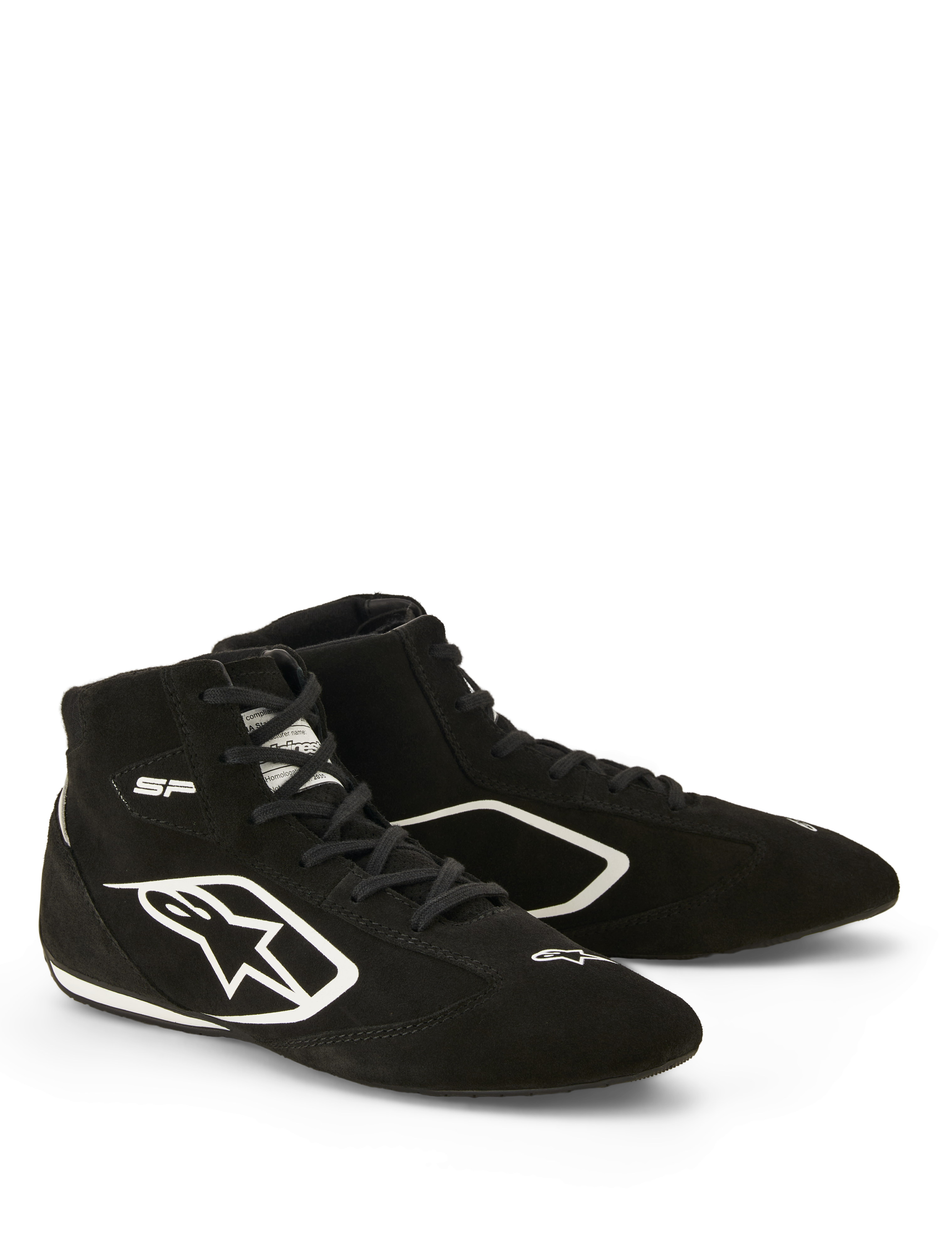 Scarpe Alpinestars SP V3 FIA, scarpe da auto racing, nero e bianco, costruzione in pelle scamosciata premium, con logo Astars bianco sul lato e suola sottile specifica per le corse per una migliore sensazione del pedale