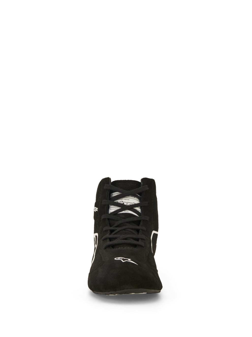 Alpinestars Scarpe SP V3 FIA, scarpe da corsa auto, nero e bianco, vista frontale, tomaia in pelle scamosciata premium con lacci neri, logo Alpinestars bianco sulla punta, calzature professionali da motorsport ignifughe
