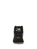 Alpinestars Scarpe SP V3 FIA, scarpe da corsa auto, nero e bianco, vista frontale, tomaia in pelle scamosciata premium con lacci neri, logo Alpinestars bianco sulla punta, calzature professionali da motorsport ignifughe