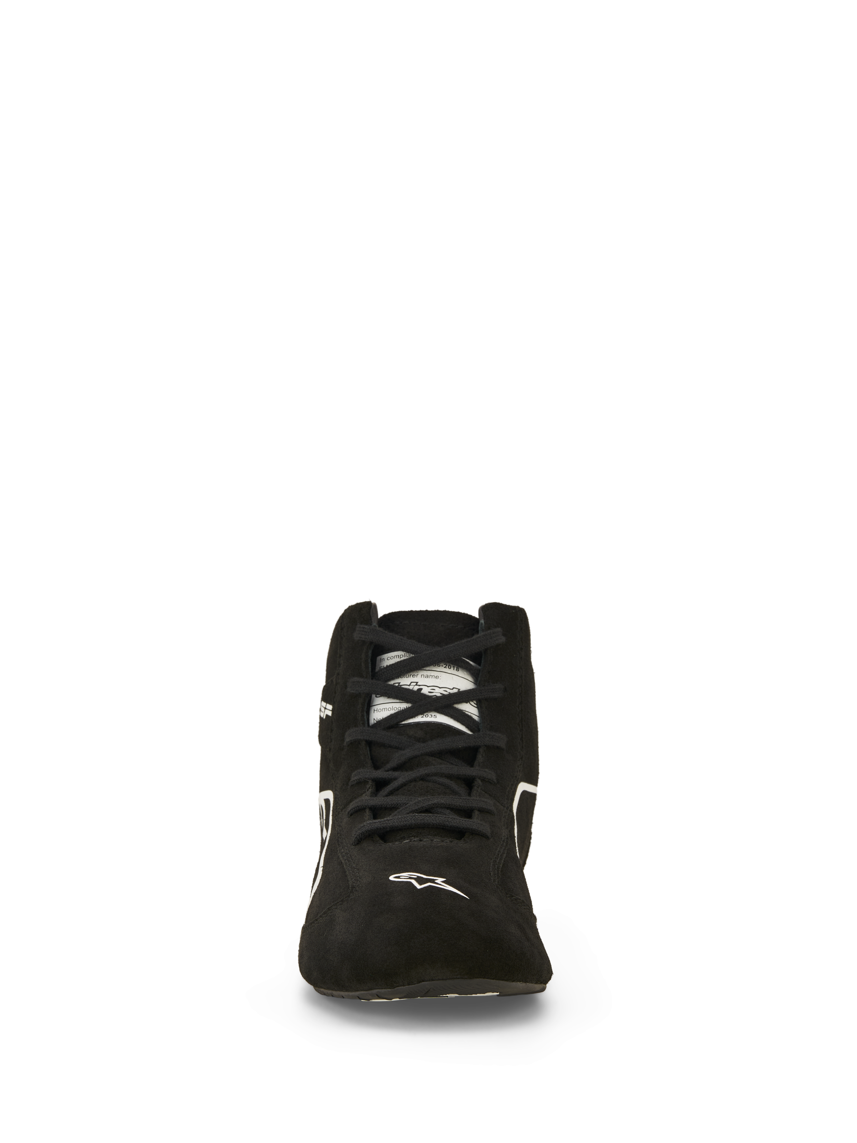 Alpinestars Scarpe SP V3 FIA, scarpe da corsa auto, nero e bianco, vista frontale, tomaia in pelle scamosciata premium con lacci neri, logo Alpinestars bianco sulla punta, calzature professionali da motorsport ignifughe