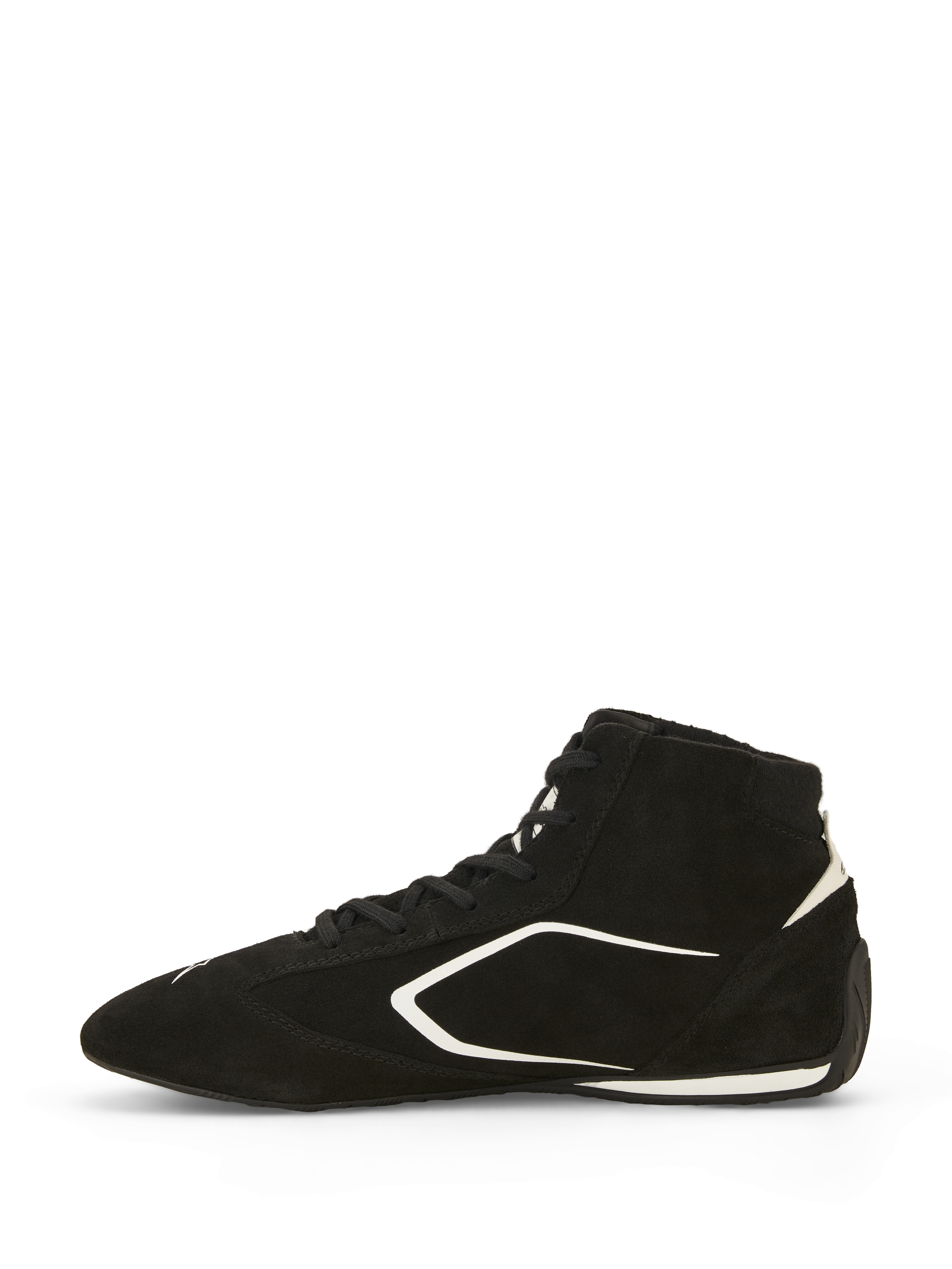 Scarpe Alpinestars SP V3 FIA, scarpe da auto racing, nero e bianco, vista laterale, tomaia in pelle scamosciata premium con accenti grafici bianchi, design high-top, suola sottile in gomma specifica per le corse per una migliore sensazione del pedale