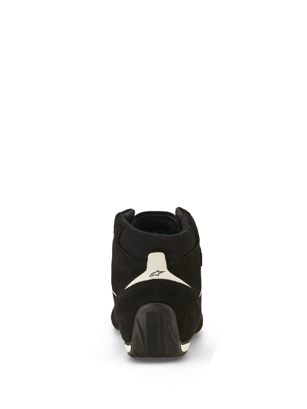 Scarpe Alpinestars SP V3 FIA, scarpe da auto, nero e bianco, vista posteriore con tomaia in pelle scamosciata, pannello del tallone bianco con logo nero e suola in gomma testurizzata che si estende sul tallone