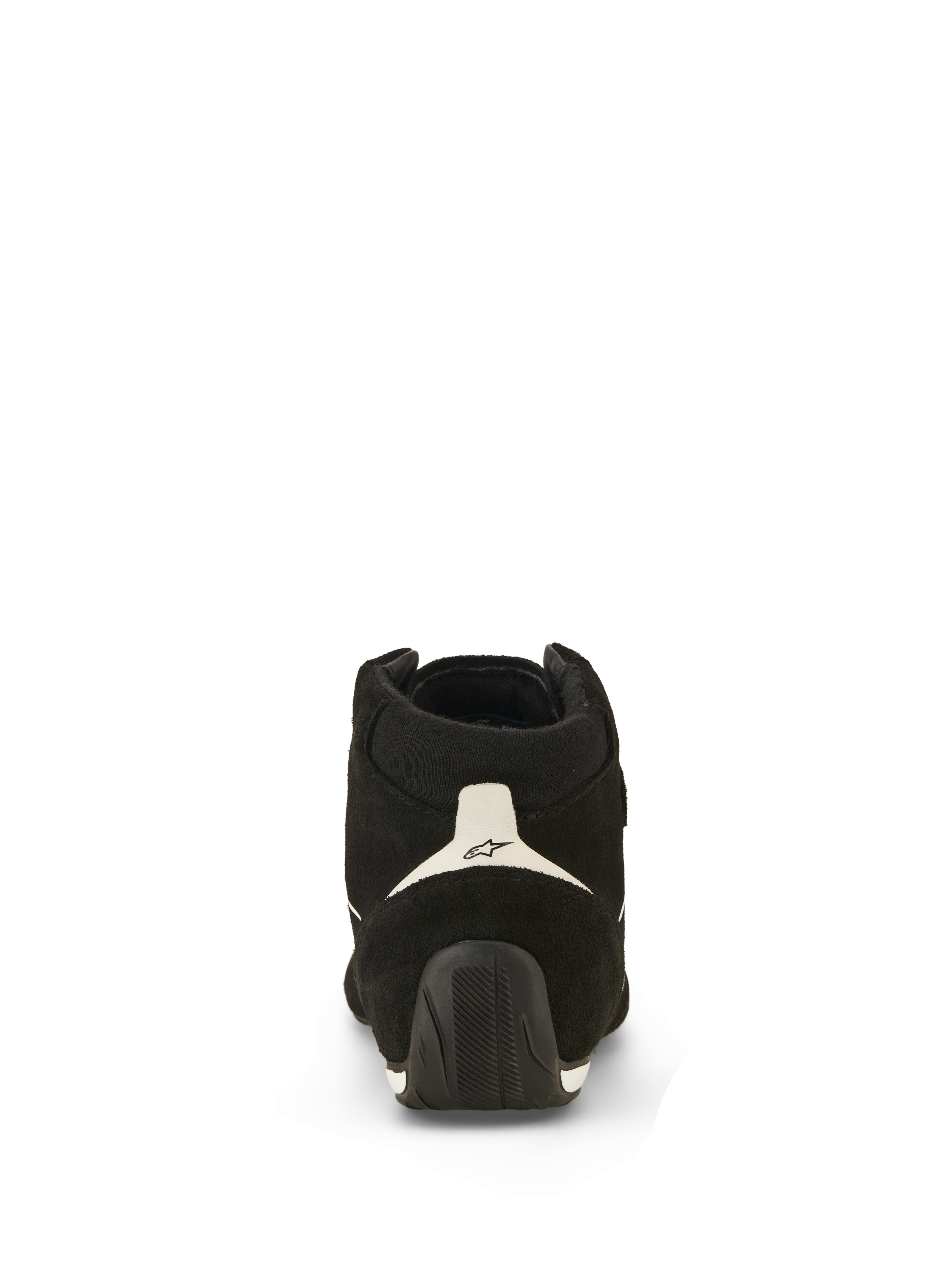 Scarpe Alpinestars SP V3 FIA, scarpe da auto, nero e bianco, vista posteriore con tomaia in pelle scamosciata, pannello del tallone bianco con logo nero e suola in gomma testurizzata che si estende sul tallone