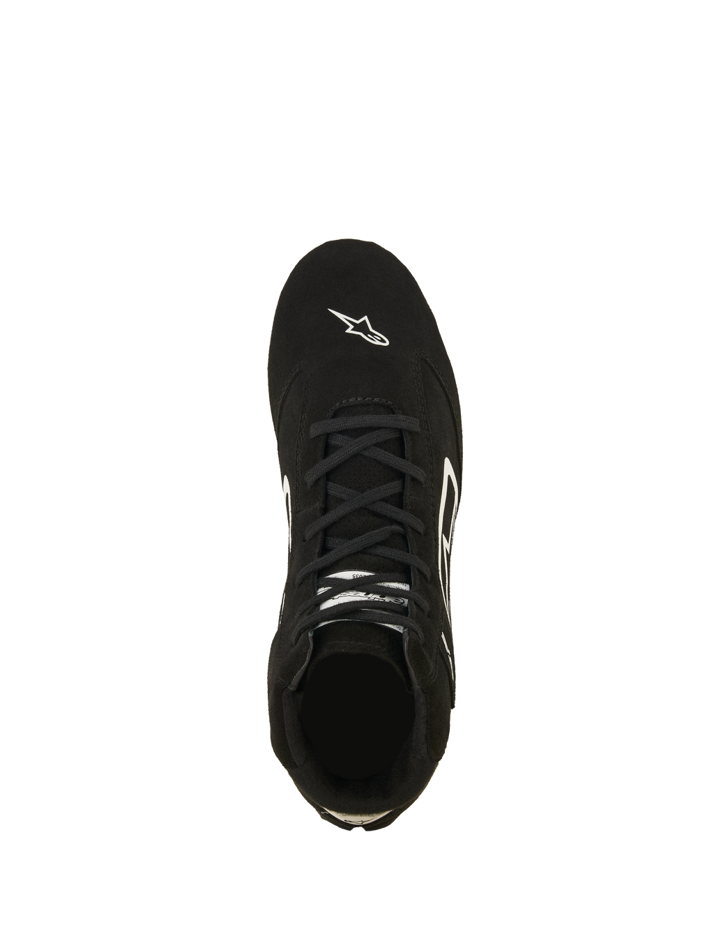 Alpinestars SP V3 Shoes FIA, scarpe da auto racing, nero e bianco, vista dall'alto della tomaia in pelle scamosciata premium, con lacci neri e logo Astars bianco sulla punta, calzature professionali da motorsport ignifughe