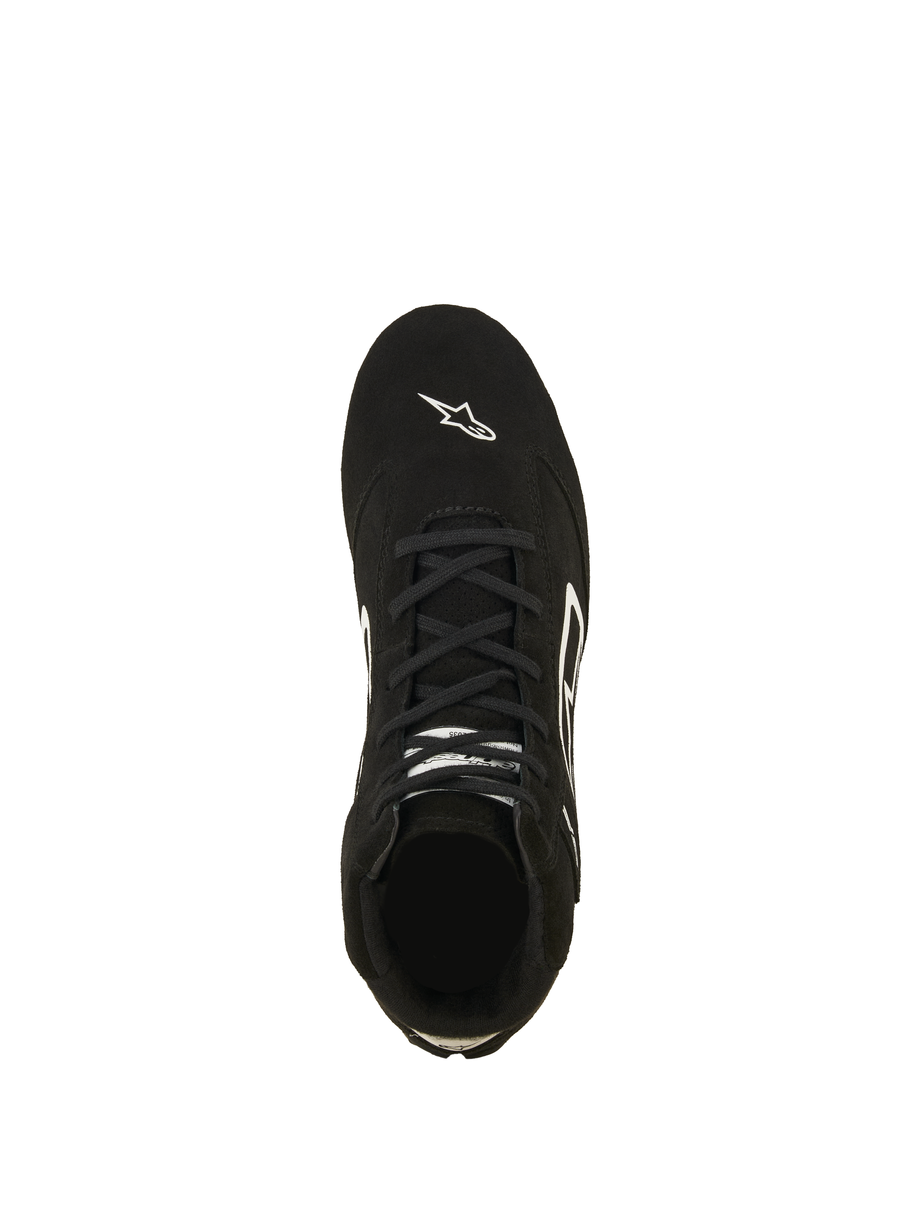 Alpinestars SP V3 Shoes FIA, scarpe da auto racing, nero e bianco, vista dall'alto della tomaia in pelle scamosciata premium, con lacci neri e logo Astars bianco sulla punta, calzature professionali da motorsport ignifughe