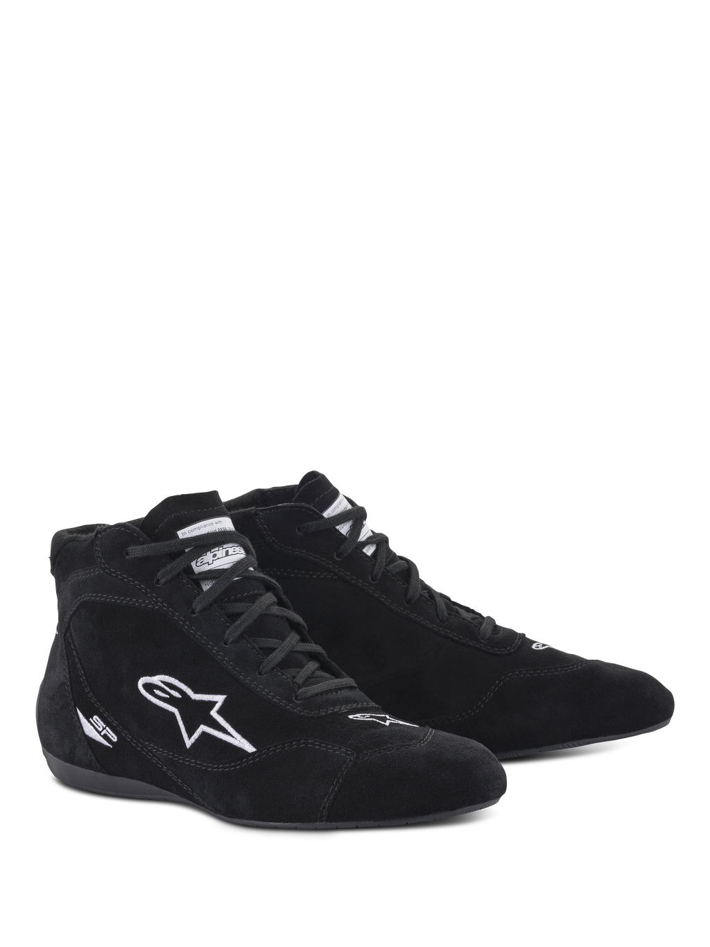 Scarpe Alpinestars SP V2, scarpe da corsa auto, nero, design alto in camoscio con logo a stella ricamato bianco e marchio SP, suola sottile specifica per F1 per una sensibilità precisa sui pedali, calzature professionali per motorsport