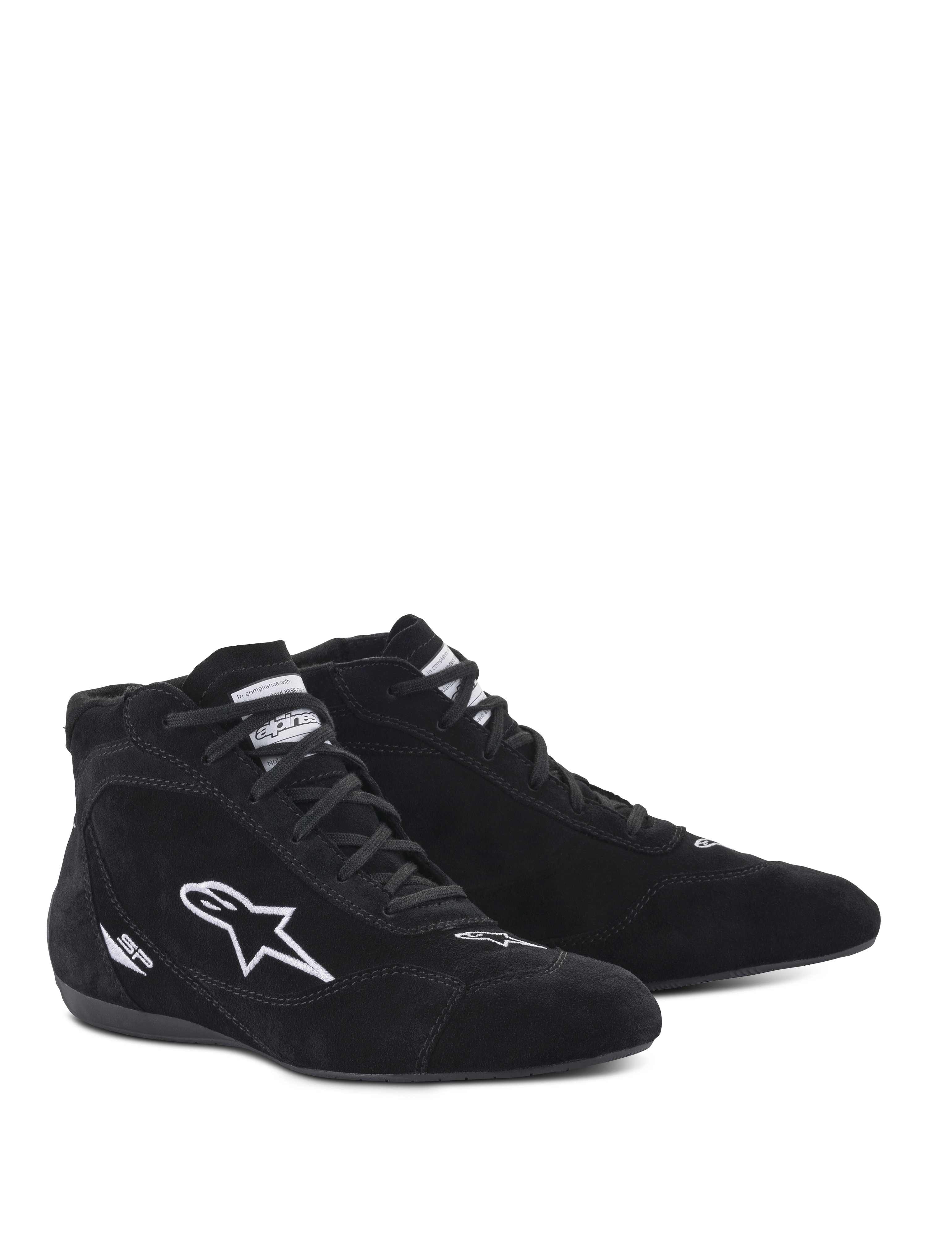 Scarpe Alpinestars SP V2, scarpe da corsa auto, nero, design alto in camoscio con logo a stella ricamato bianco e marchio SP, suola sottile specifica per F1 per una sensibilità precisa sui pedali, calzature professionali per motorsport