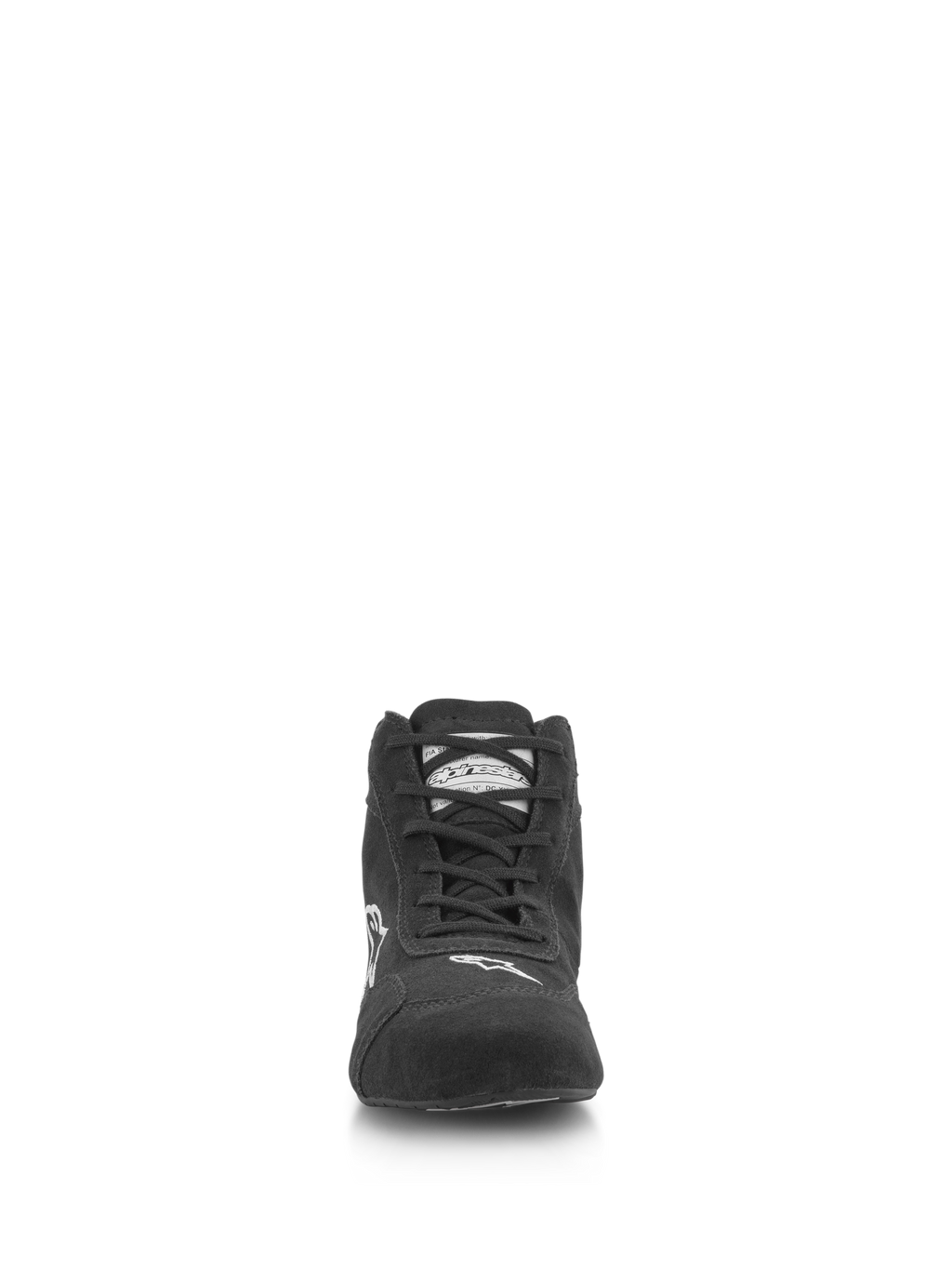 Scarpe Alpinestars SP V2, scarpe da corsa auto, nero, vista frontale con tomaia in pelle scamosciata premium, sistema di allacciatura asimmetrico, logo Alpinestars bianco sulla punta, calzature professionali da motorsport