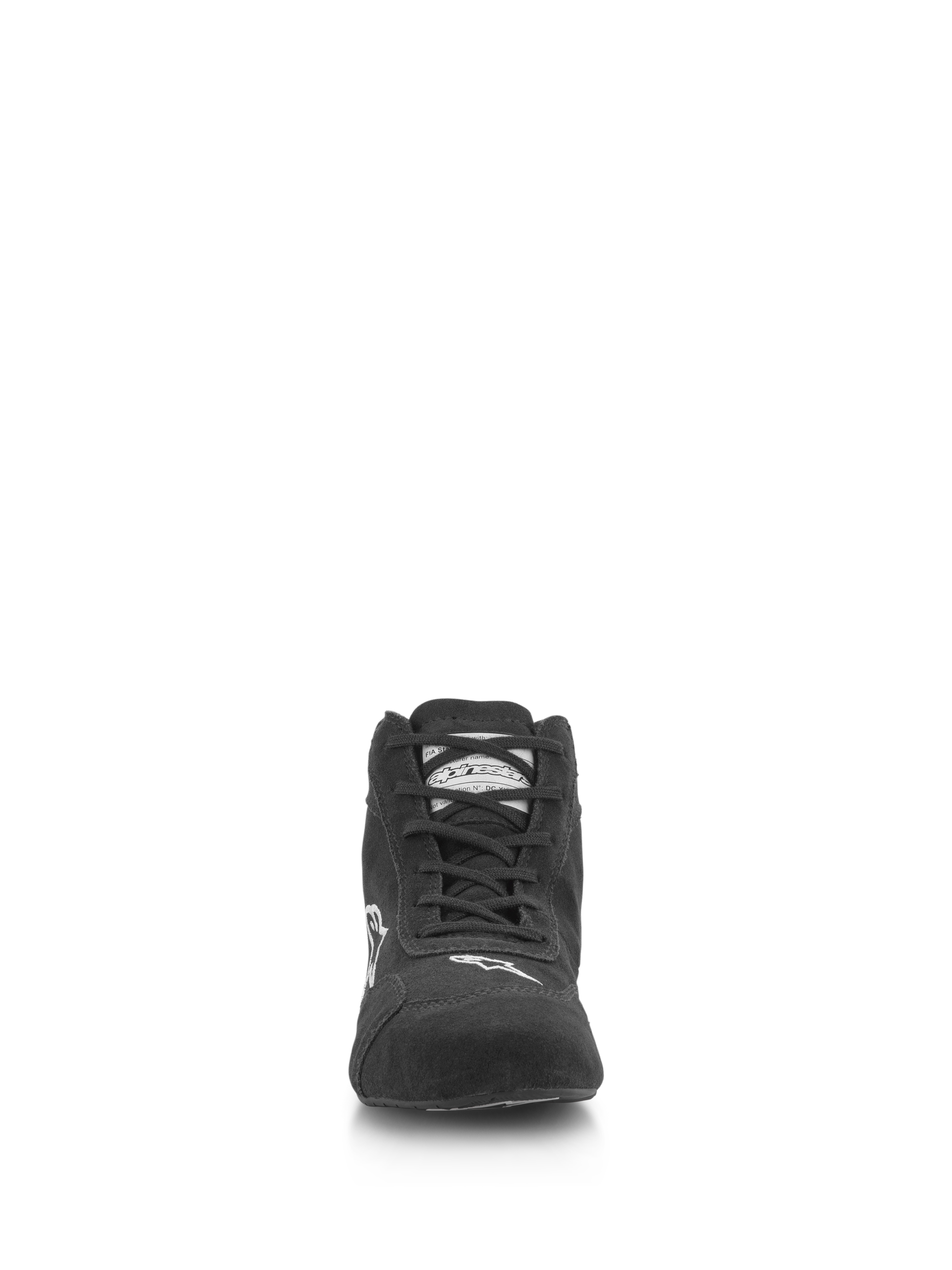 Scarpe Alpinestars SP V2, scarpe da corsa auto, nero, vista frontale con tomaia in pelle scamosciata premium, sistema di allacciatura asimmetrico, logo Alpinestars bianco sulla punta, calzature professionali da motorsport