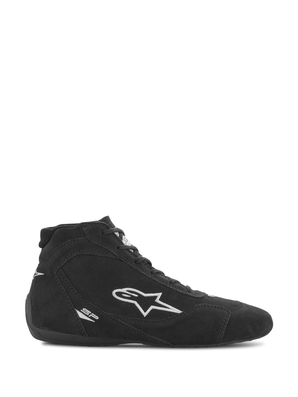 Scarpe Alpinestars SP V2, calzature per automobilismo, camoscio nero con logo a stella Alpinestars bianco, profilo high-top, chiusura con lacci, suola racing ultra-sottile, design motorsport elegante
