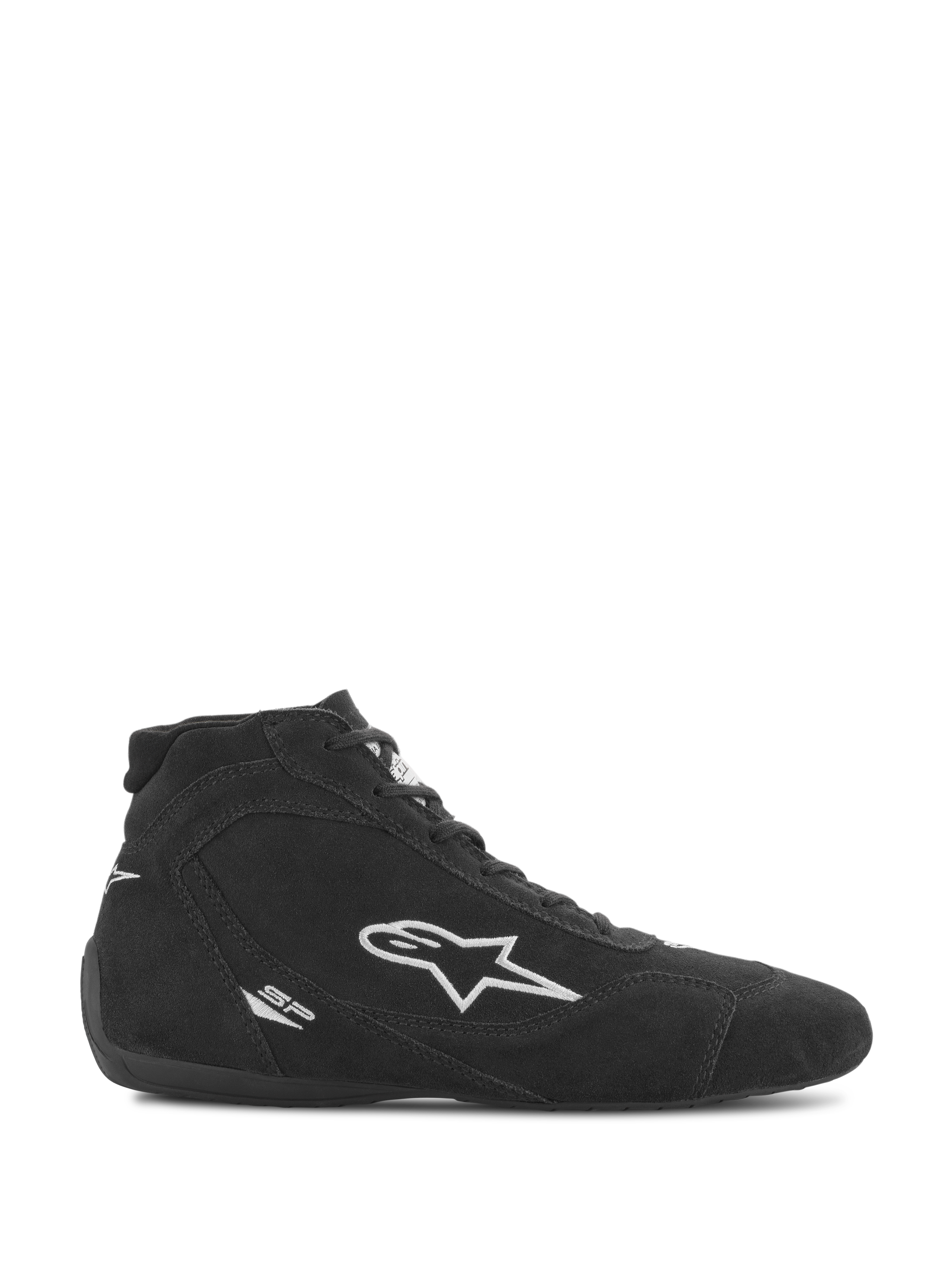 Scarpe Alpinestars SP V2, calzature per automobilismo, camoscio nero con logo a stella Alpinestars bianco, profilo high-top, chiusura con lacci, suola racing ultra-sottile, design motorsport elegante