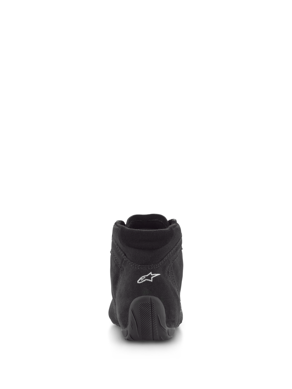 Scarpe Alpinestars SP V2, scarpe da corsa, nero, vista posteriore con tomaia in camoscio premium, logo bianco sul tallone e suola in gomma testurizzata, calzature professionali per motorsport