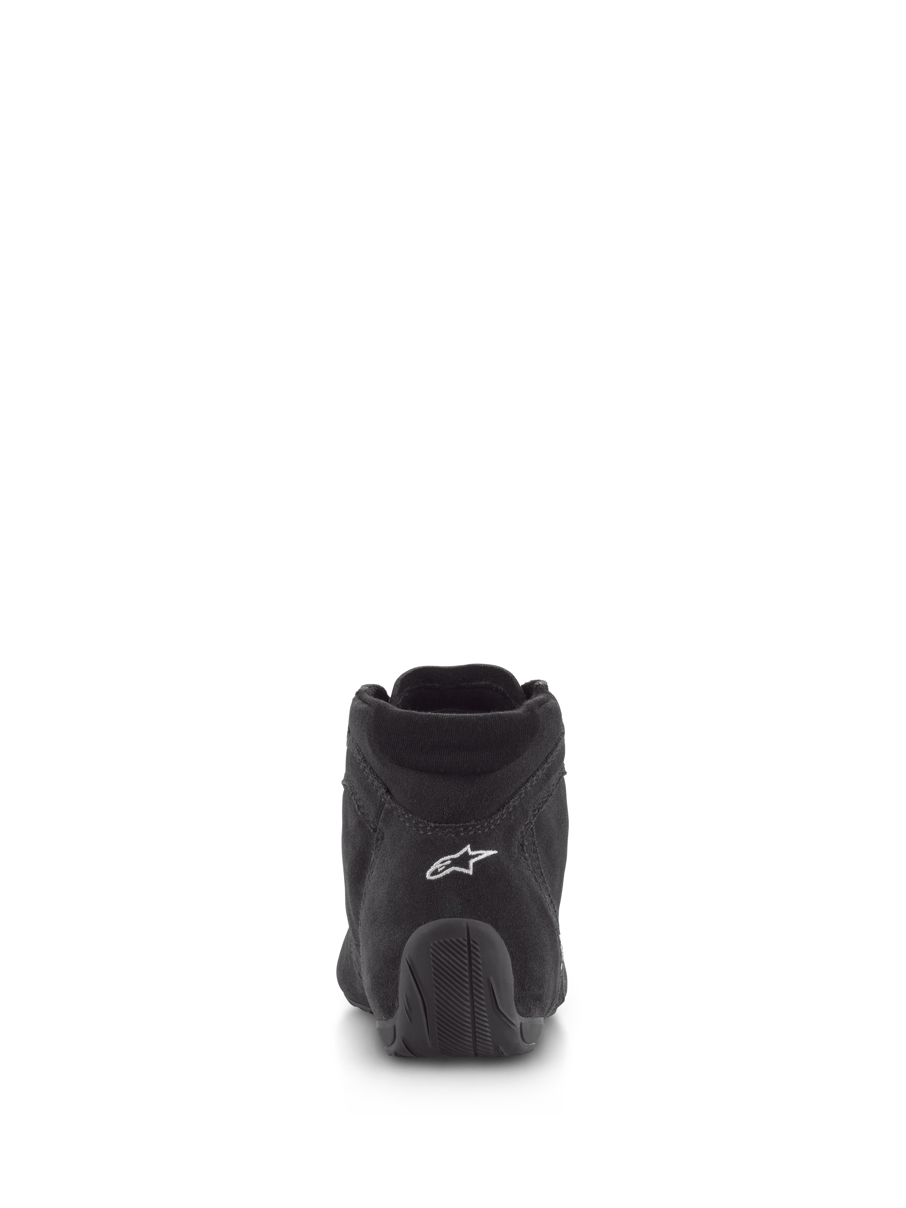 Scarpe Alpinestars SP V2, scarpe da corsa, nero, vista posteriore con tomaia in camoscio premium, logo bianco sul tallone e suola in gomma testurizzata, calzature professionali per motorsport