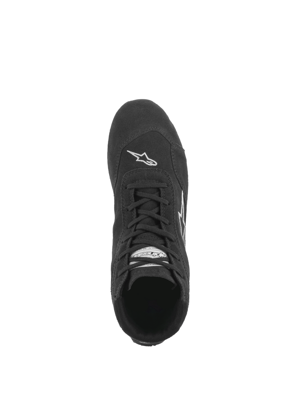 Scarpe Alpinestars SP V2, scarpe da auto racing, nero, vista dall'alto che mostra il sistema di allacciatura asimmetrica, struttura in camoscio premium e logo Astars bianco sulla punta