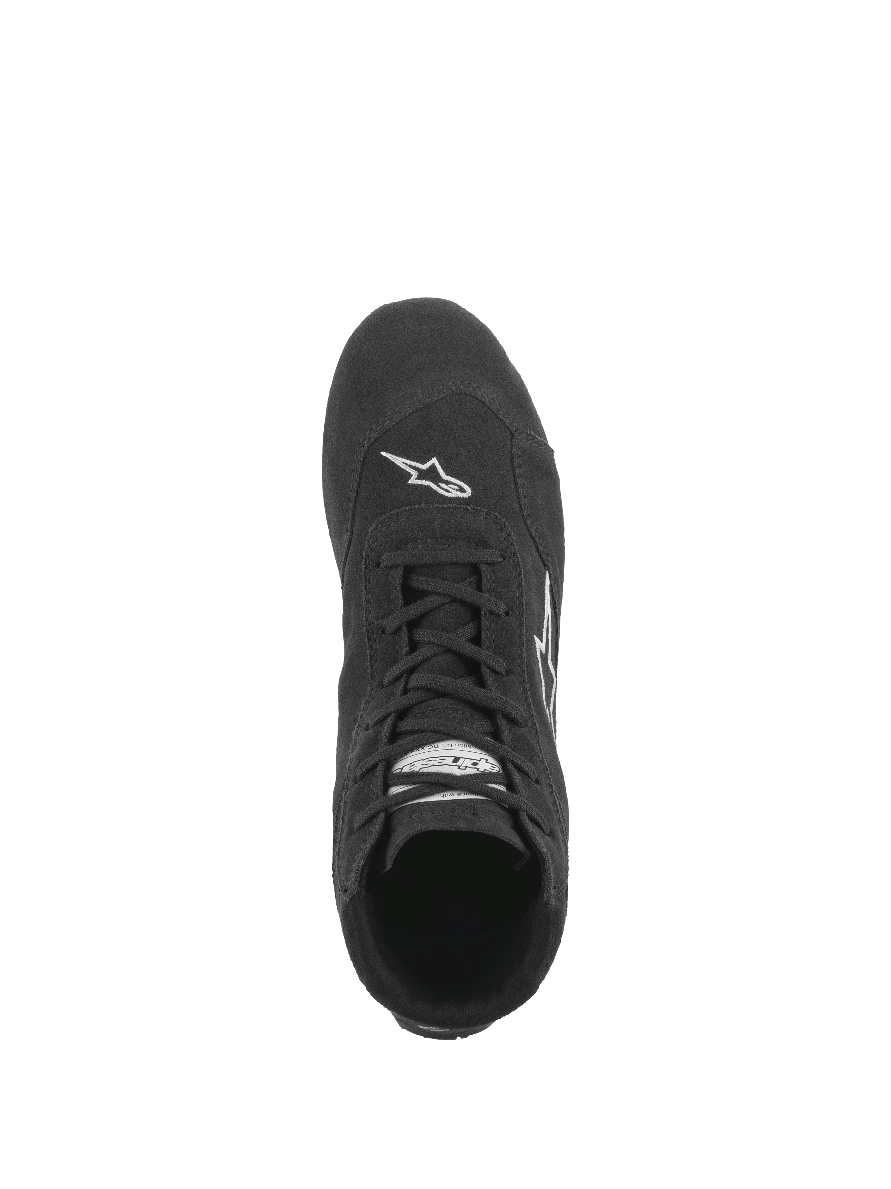 Scarpe Alpinestars SP V2, scarpe da auto racing, nero, vista dall'alto che mostra il sistema di allacciatura asimmetrica, struttura in camoscio premium e logo Astars bianco sulla punta