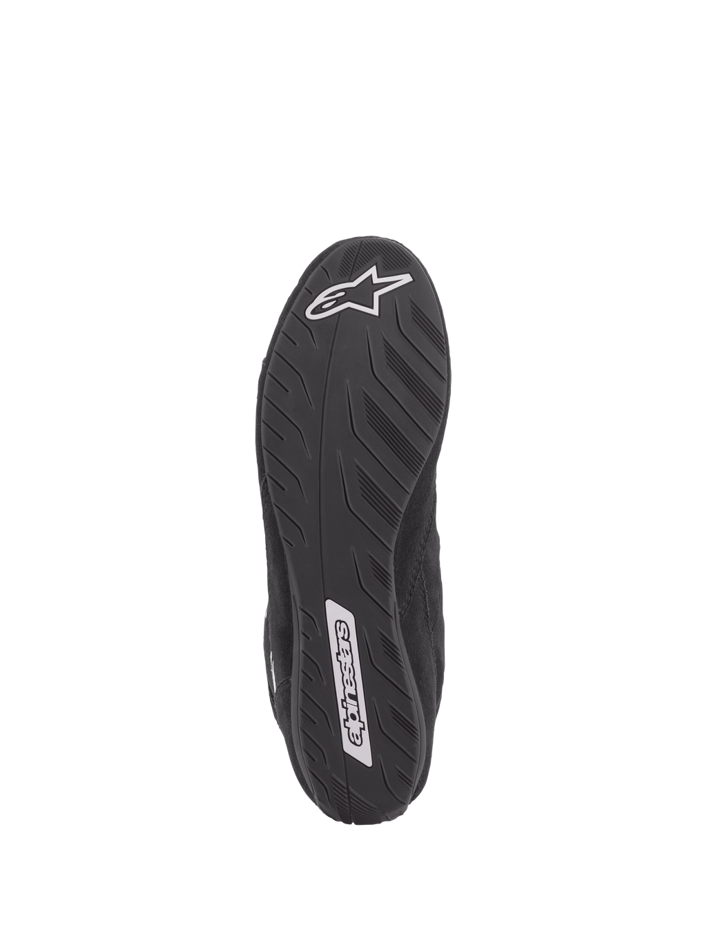 Scarpe Alpinestars SP V2, scarpe da auto racing, nero, vista dal basso della suola ultra-sottile con specifiche Formula 1, trama testurizzata per la sensibilità sui pedali, con loghi Alpinestars bianchi sul tallone e sulla parte mediale