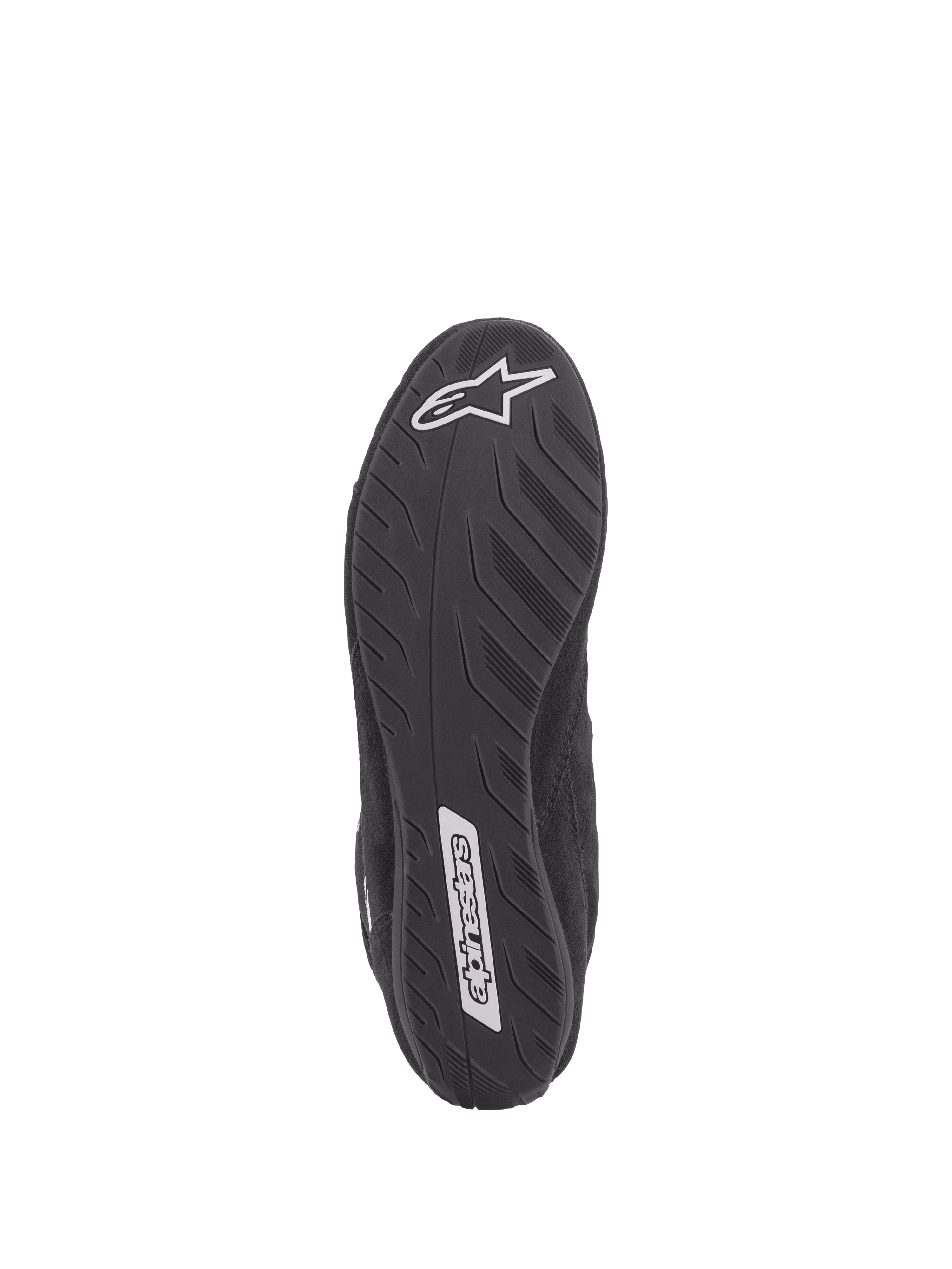 Scarpe Alpinestars SP V2, scarpe da auto racing, nero, vista dal basso della suola ultra-sottile con specifiche Formula 1, trama testurizzata per la sensibilità sui pedali, con loghi Alpinestars bianchi sul tallone e sulla parte mediale
