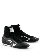 Alpinestars Supertech K Shoes - FIA, scarpe da karting, nero e bianco, tomaia interamente in maglia con calzata alta tipo calzino, logo Alpinestars bianco sul lato, etichetta di certificazione FIA bianca sulla linguetta, design sottile e leggero per prestazioni da gara