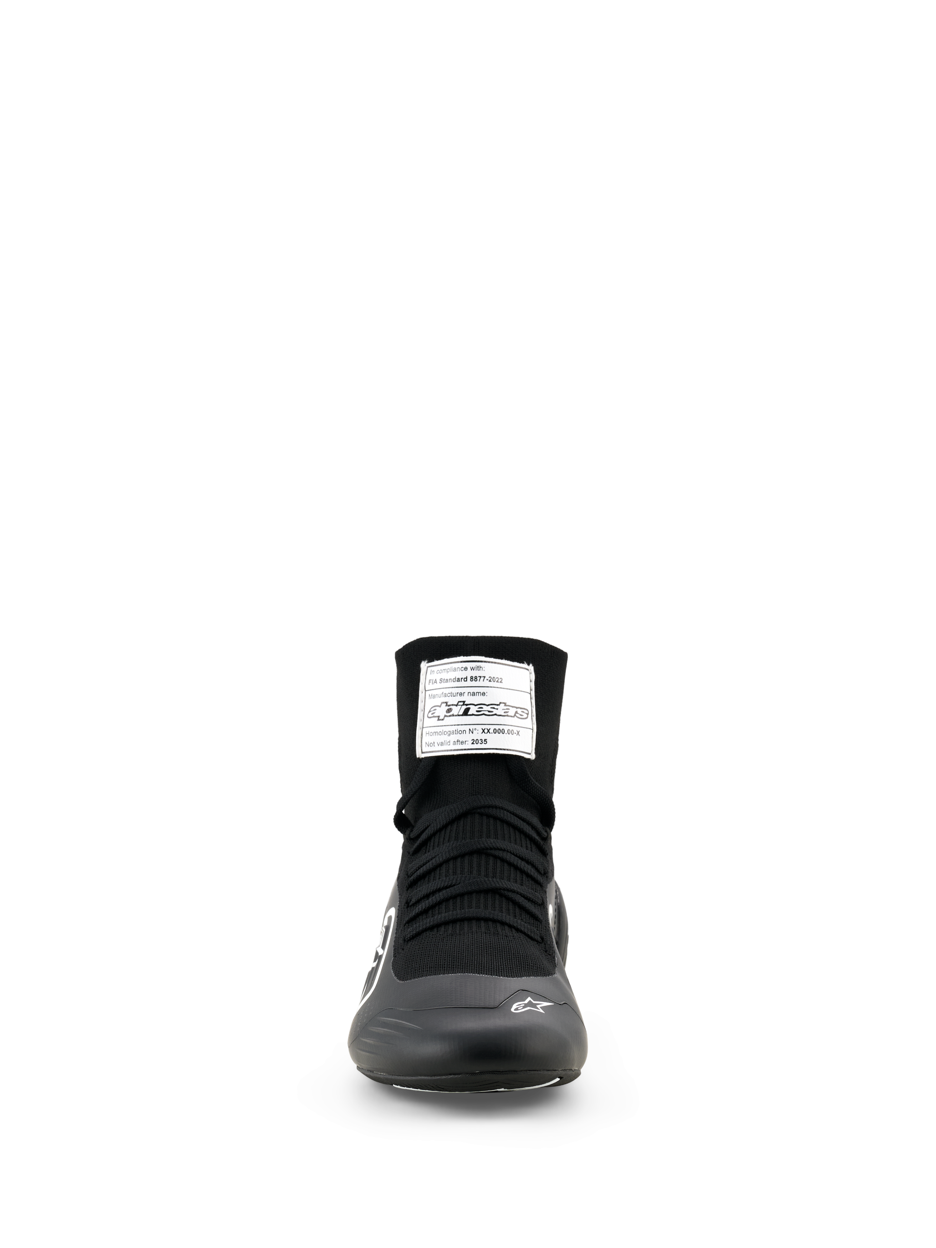 Alpinestars Supertech K Shoes - FIA, scarpe da karting, nero e bianco, vista frontale con tomaia in maglia a taglio alto, lacci neri ed etichetta di omologazione FIA sulla linguetta.