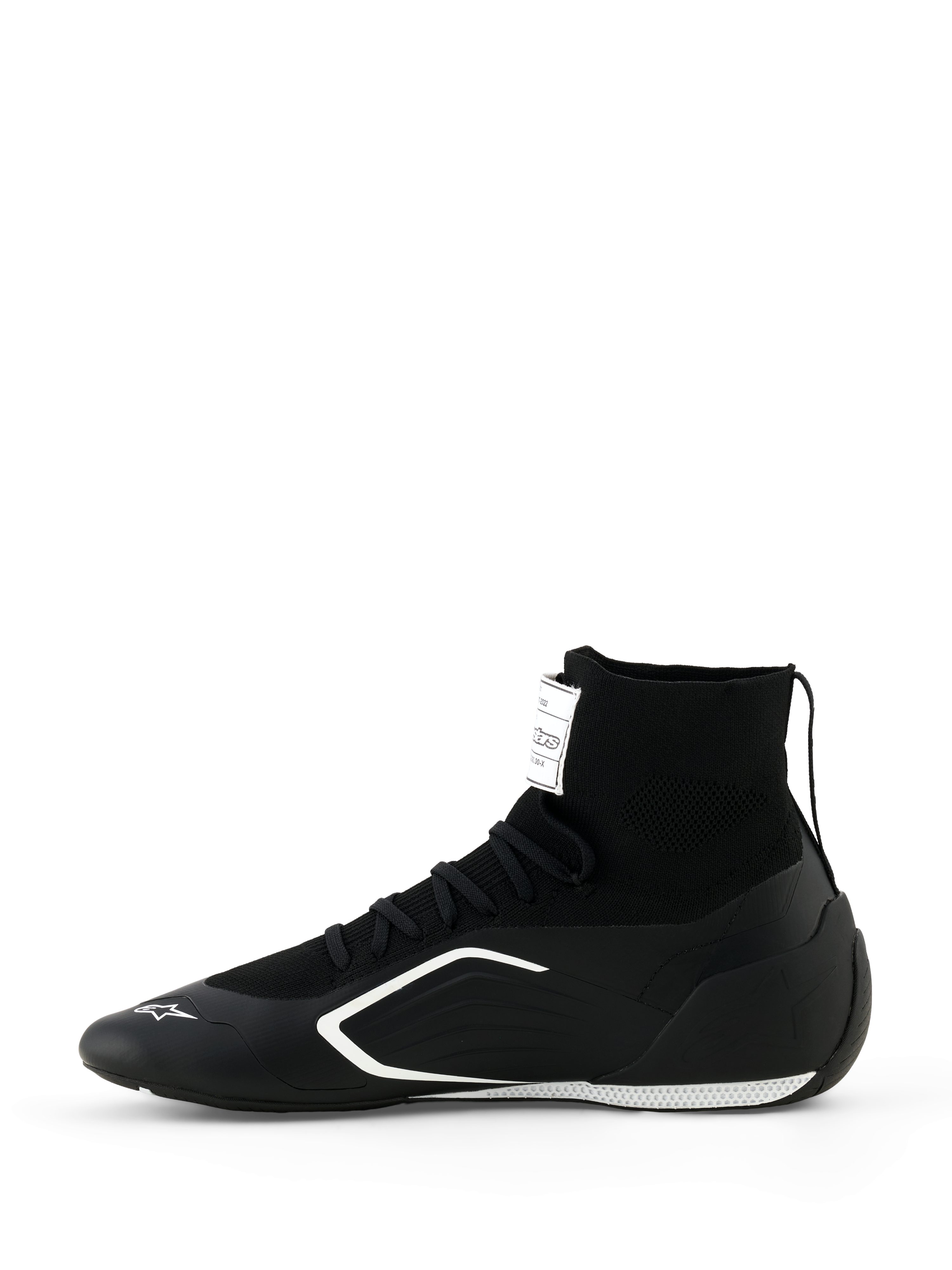 Scarpe Alpinestars Supertech K - FIA, scarpe da karting, nero e bianco, vista di profilo, con costruzione high-top interamente lavorata a maglia, grafiche laterali angolari bianche e logo bianco sulla punta, calzature tecniche da corsa