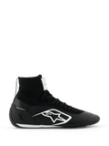 Alpinestars Supertech K Shoes FIA, scarpe da karting nere, design alto in maglia con logo bianco, colletto a calzino, suola bianca testurizzata, certificazione FIA