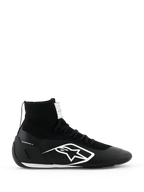 Alpinestars Supertech K Shoes FIA, scarpe da karting nere, design alto in maglia con logo bianco, colletto a calzino, suola bianca testurizzata, certificazione FIA