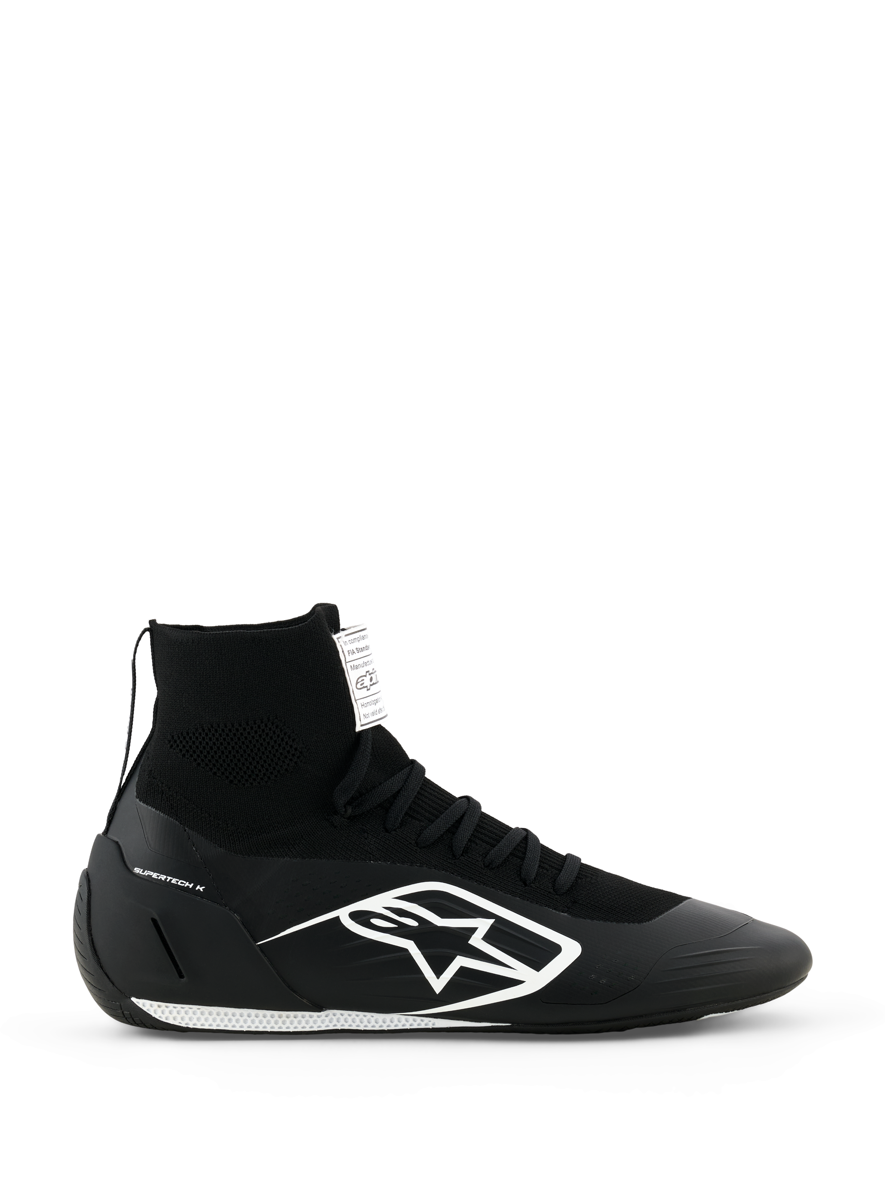 Alpinestars Supertech K Shoes FIA, scarpe da karting nere, design alto in maglia con logo bianco, colletto a calzino, suola bianca testurizzata, certificazione FIA